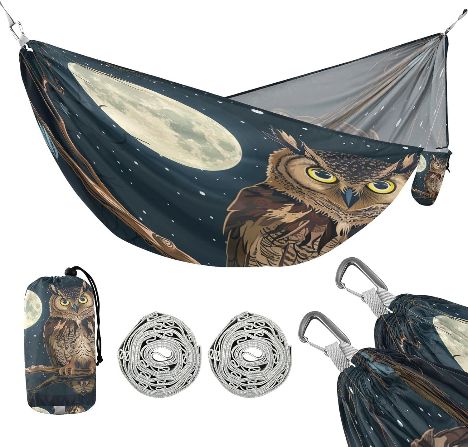 ALAZA Owl Moon Starry Sky Camping Hammocks Single or 2 Person 500 lbs Portable Parachute Travel Hammock w/Tree Straps for Hiking Backpacking Indoor Outdoor