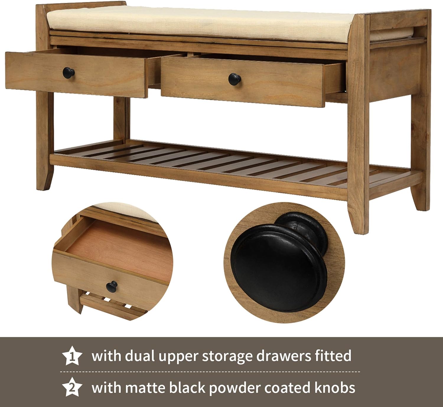 P PURLOVE Entryway Storage Bench with Cushioned Seat Shoe Rack with 2 Drawers and Storage Shelf, Old Pine