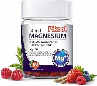 Pikool Magnesium Complex Gummies for Women, 14-in-1 DeepCalm Formula with Ashwagandha & L-Theanine, Vitamin D3 & Zinc, Cortisol Balance Supplements, Vegan, No Added Sugar, 90 Count