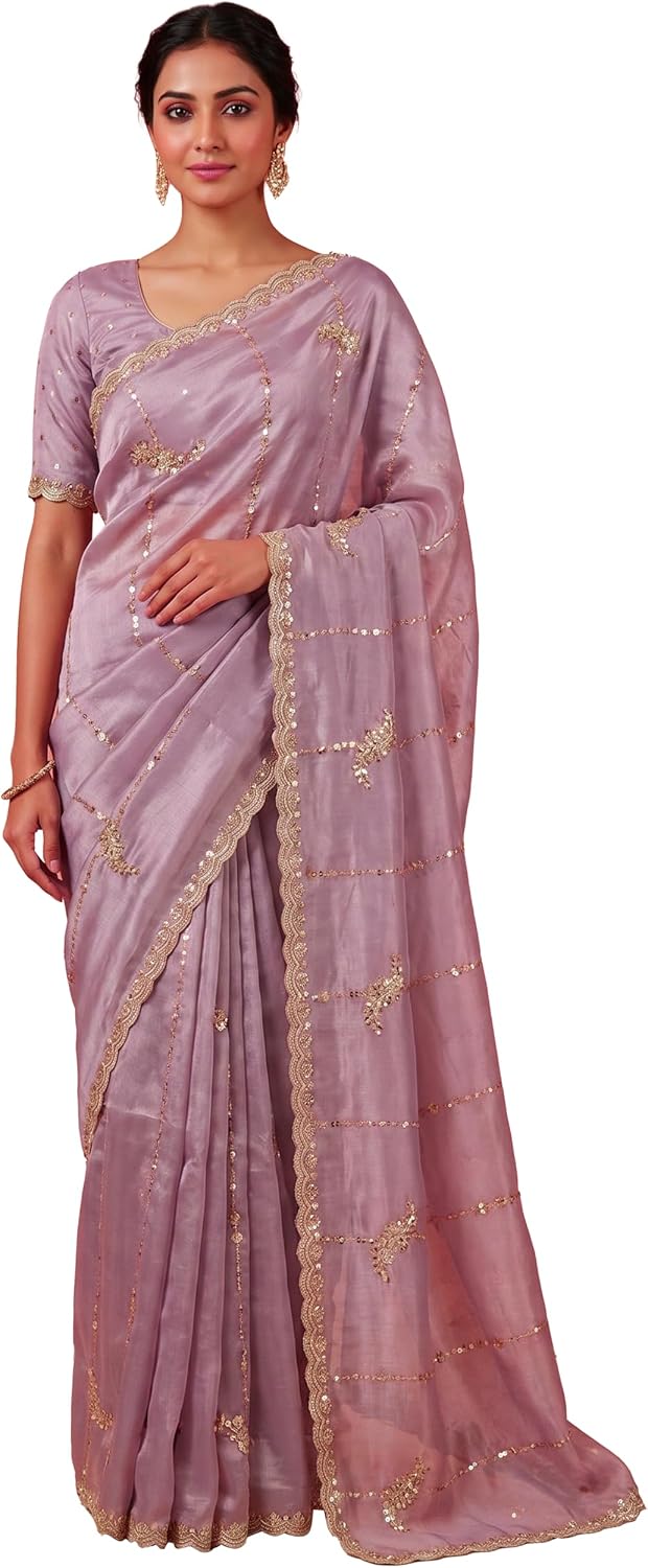 TRENDMALLS Women's Art Silk Beads Embroidery With Sequence Work Saree with Unstitch Blouse Piece For Women