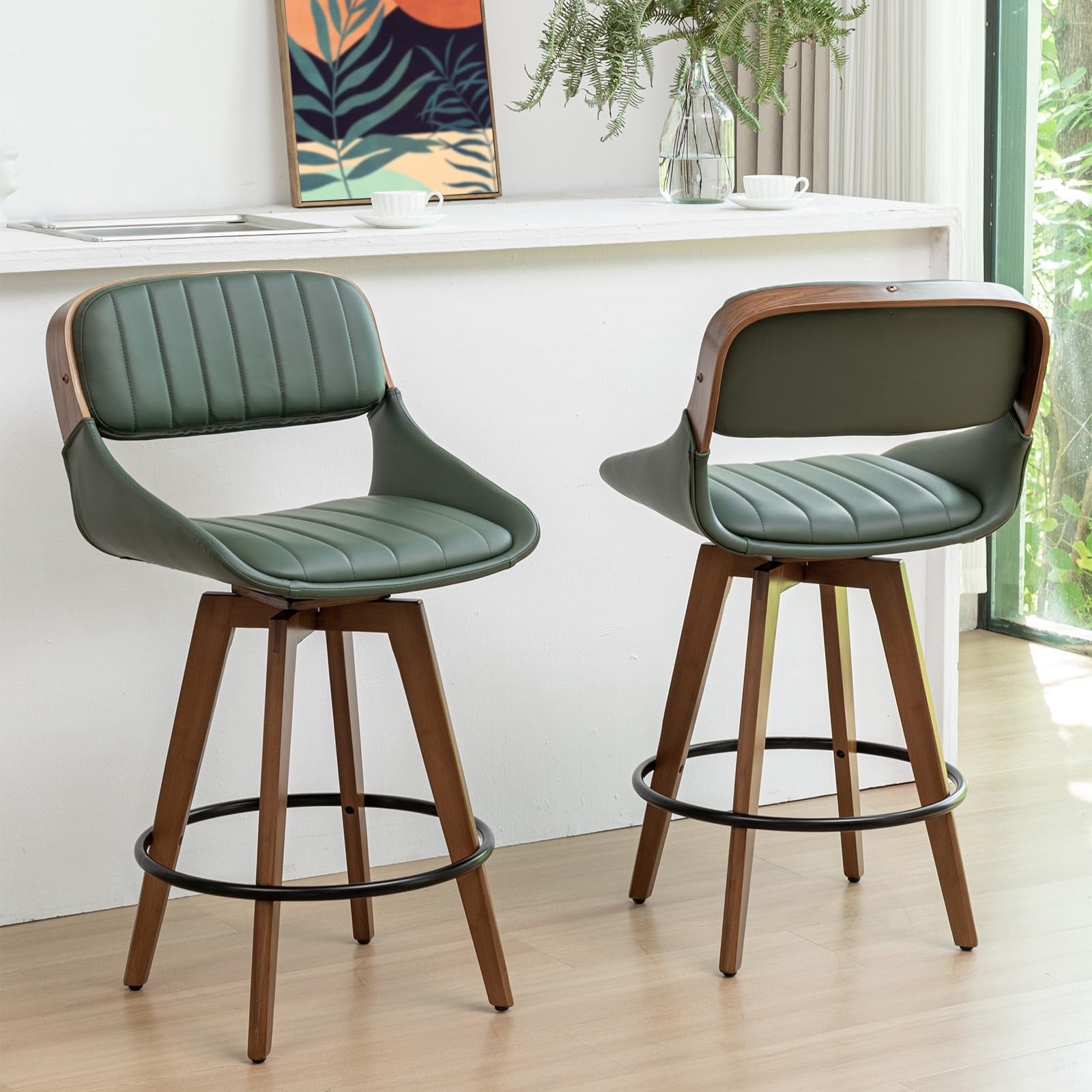Set of 2 Swivel Bar Stools - 26.4 inch Leather Counter Height Bar Stools with Upholstered Faux Leather, Cushion Back, Walnut Craftsmanship, Modern