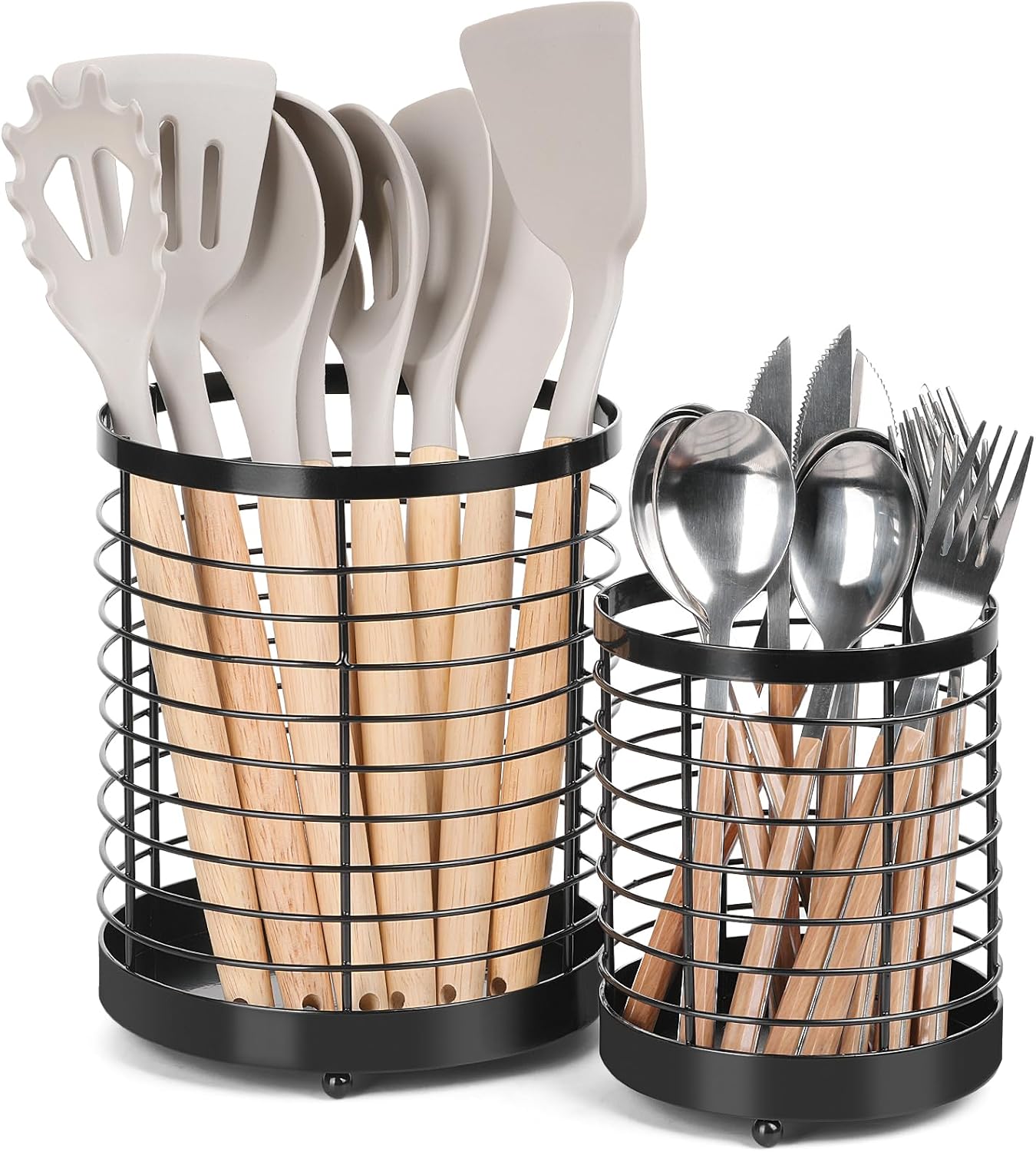 Utensil Holder for Kitchen Counter, 6.3″+4.7″ Stainless Steel Utensil Crocks for Cooking Tools Silverware Forks, Knives, Spoons, Organizer Round Utensil Drying Rack, Set of 2