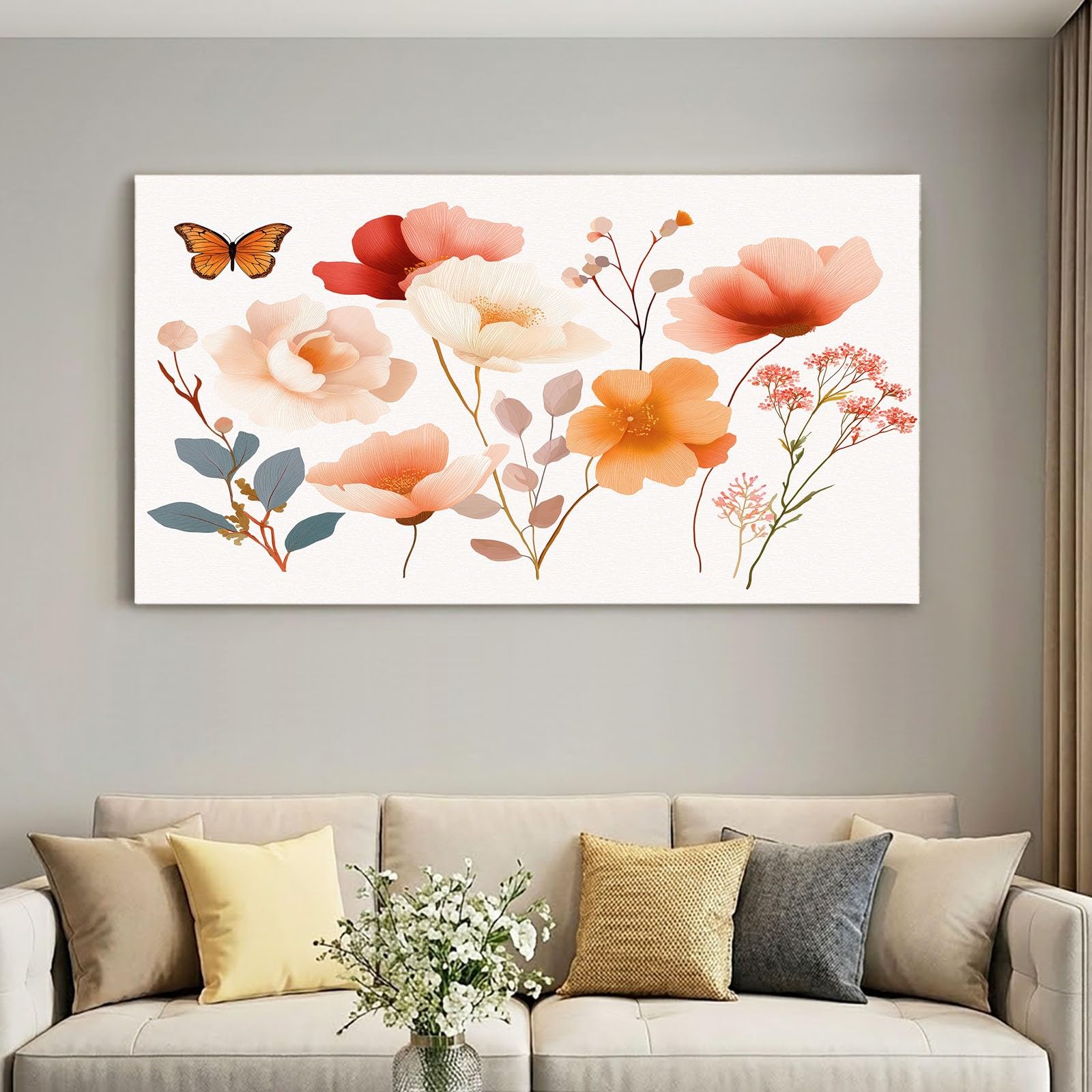 Obrazy na płótnie, akwarela, 120 x 60 cm, dziecięce obrazy ścienne, druk artystyczny, białe kwiaty, liść, motyl, panoramiczna dekoracja ścienna do salonu, sypialni