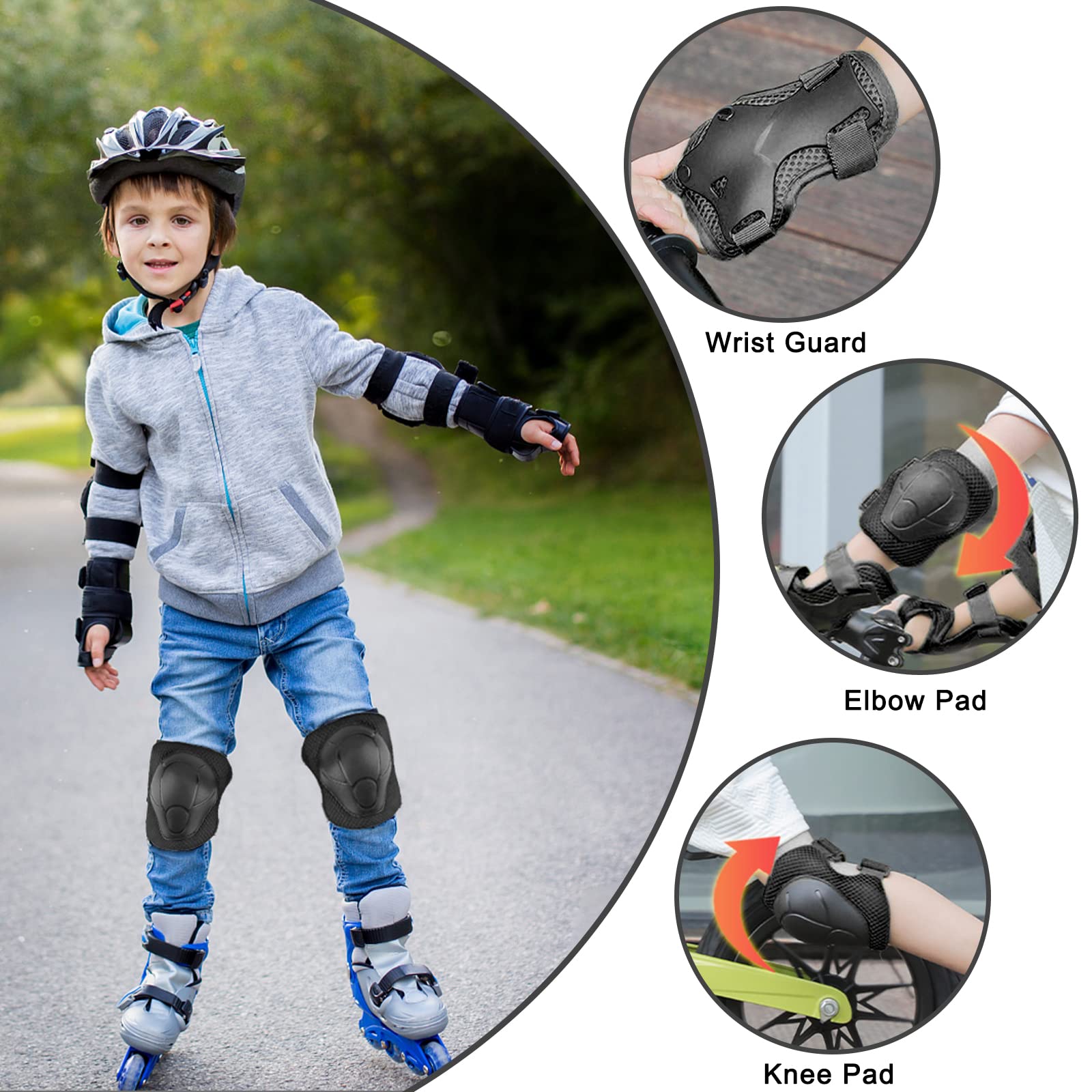 Kit de Protection Patins à Roulettes 6 Pièces Réglables Genouillères Coudières Protège-Poignets Vélo