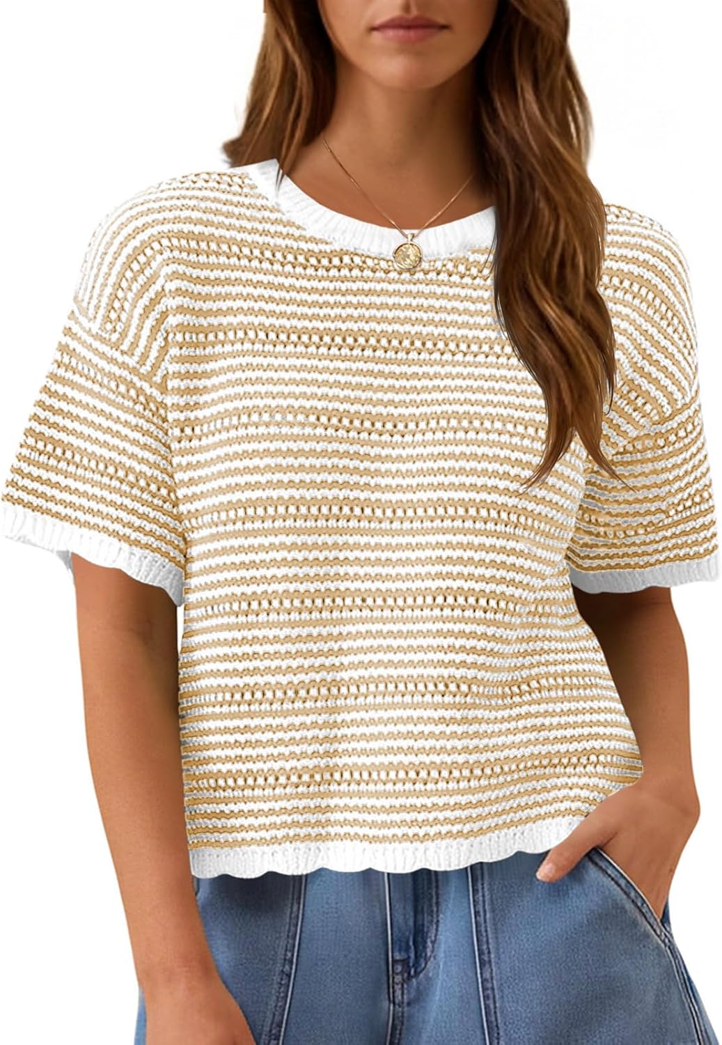 Fisoew Women's Summer Striped Cropped Knit Tops Short Sleeve Crew Neck Casual Sweater Going Out Trendy Pullover Shirts