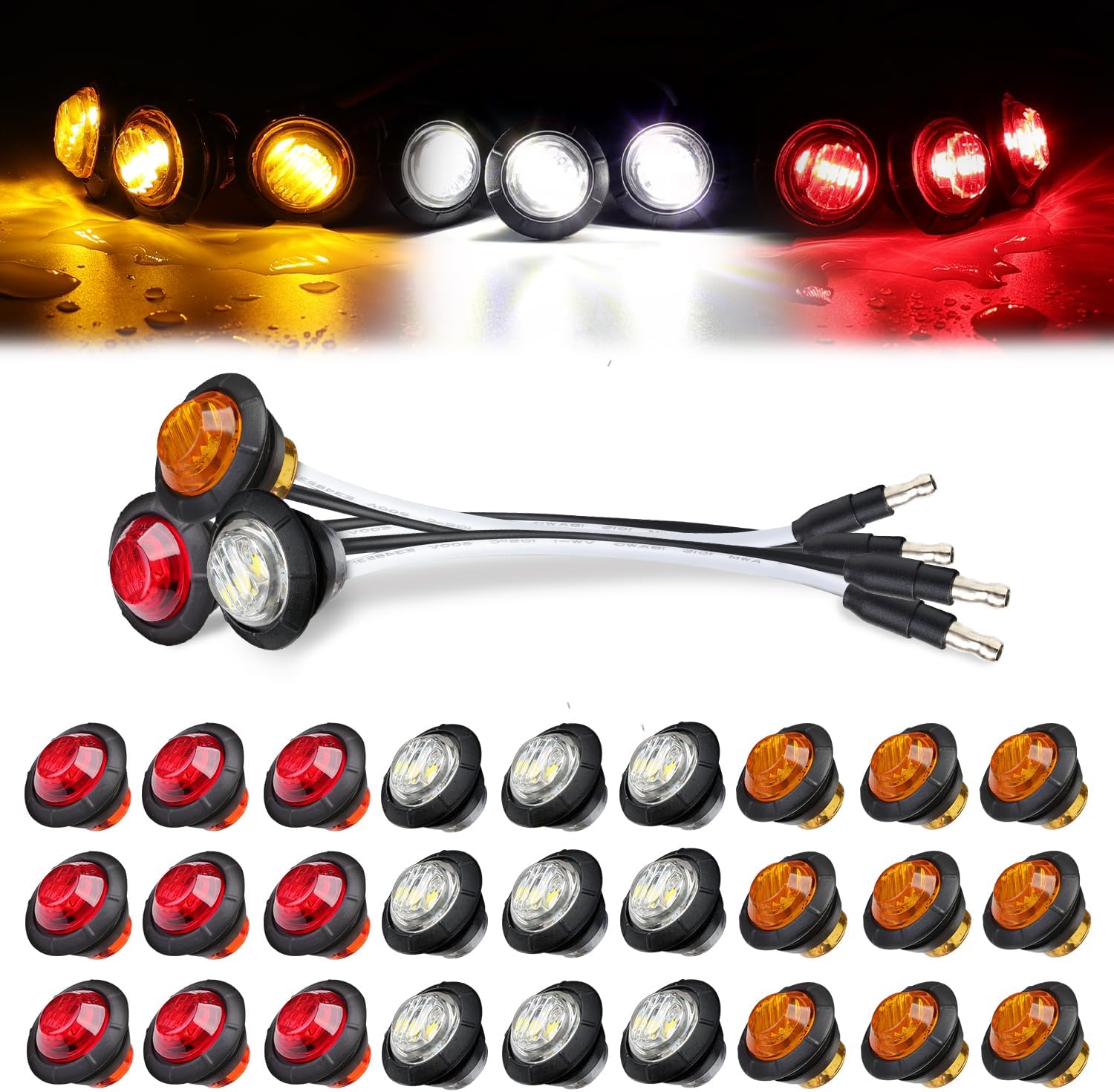 TMH 30 Pcs of 3/4 Inch LED Marker 10 Amber + 10 Red + 10 White Light with Connector Plug Clearance Bullet Side Marker Indicator Light Universal Fits RV, Boat, Pickup Truck 12V DC