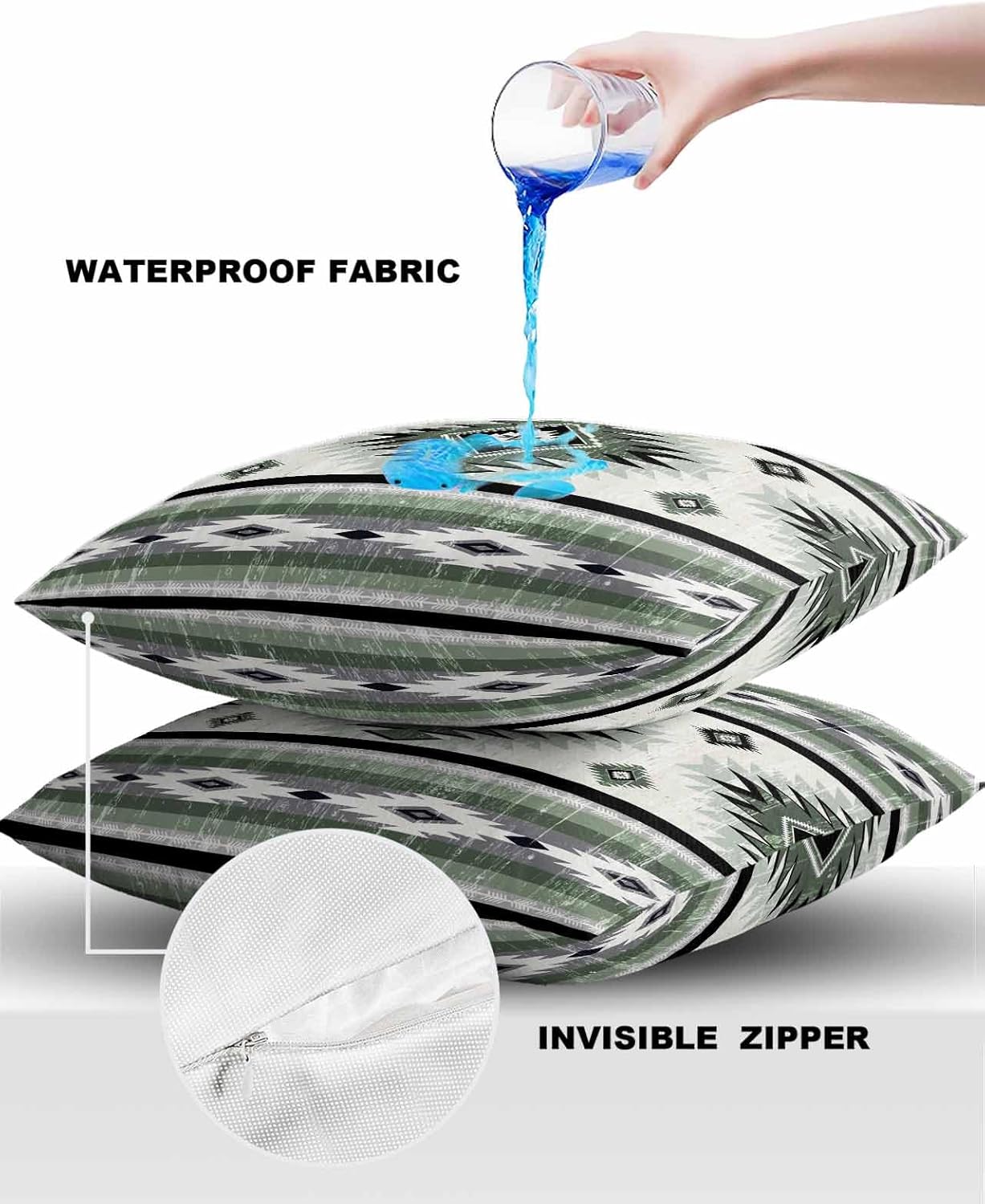 Outdoor Waterproof Throw Pillow Covers Set of 2 Sage Green Boho Aztec Pillowcases 24x24 Inches Southwest Tribal Geometric Patio Decorative Pillows Cushion Case Patio Pillows for Couch Bed Chair Garden