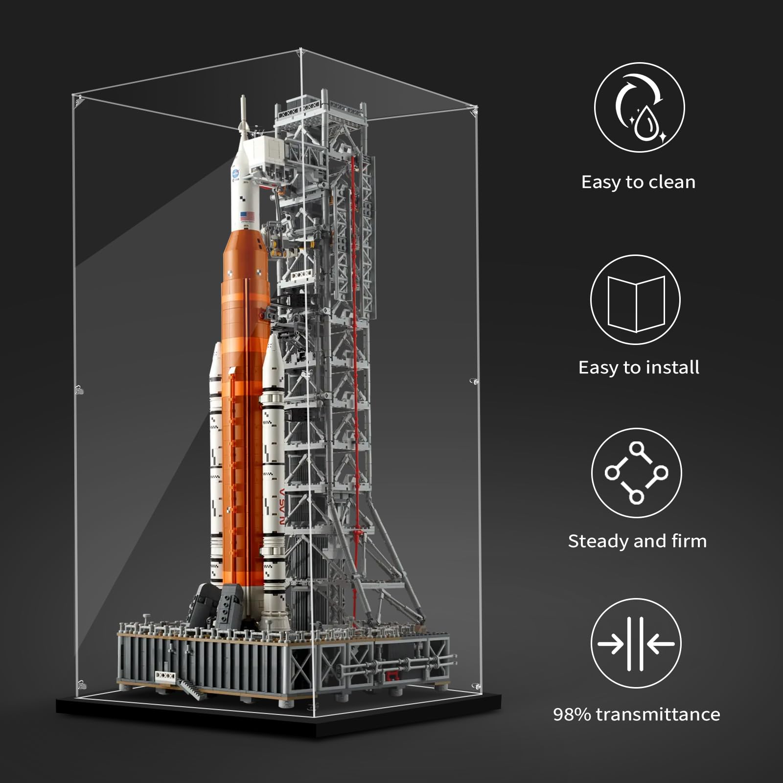 LILIKAKA Acrylic Display Case for Lego 10341 NASA Artemis Space Launch System, 13.77x12.99x29.52inches (35x33x75cm), Protect Your Collectibles from Dust with a Clear Showcase