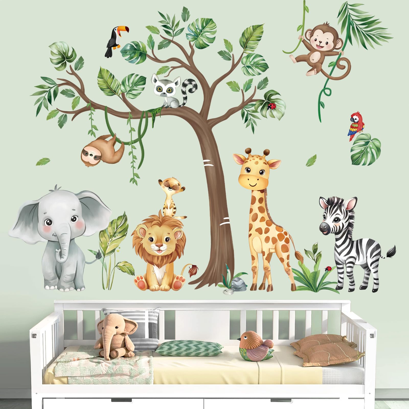Little Deco Muurtatoeage jungledieren op wolken, muursticker voor kinderkamer, safari, leeuw, olifant, babykamer, wandsticker DL918-3