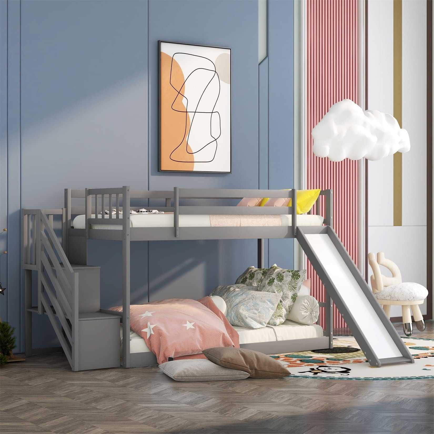 Bellemave Low Bunk Bed with Slide and Stairs Twin Over Twin Bunk Beds Wood Frame for Kids Toddlers Boys Girls, Gray