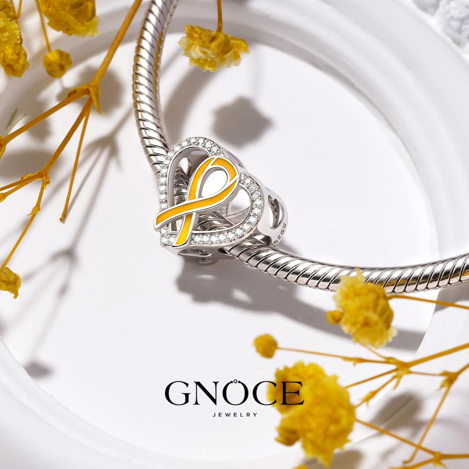 GNOCE Endometriosis Awareness Yellow Ribbon Charm Sterling Silver Bead Charm Fit Bracelet/Necklace for Women Wife/Jewelry Gift