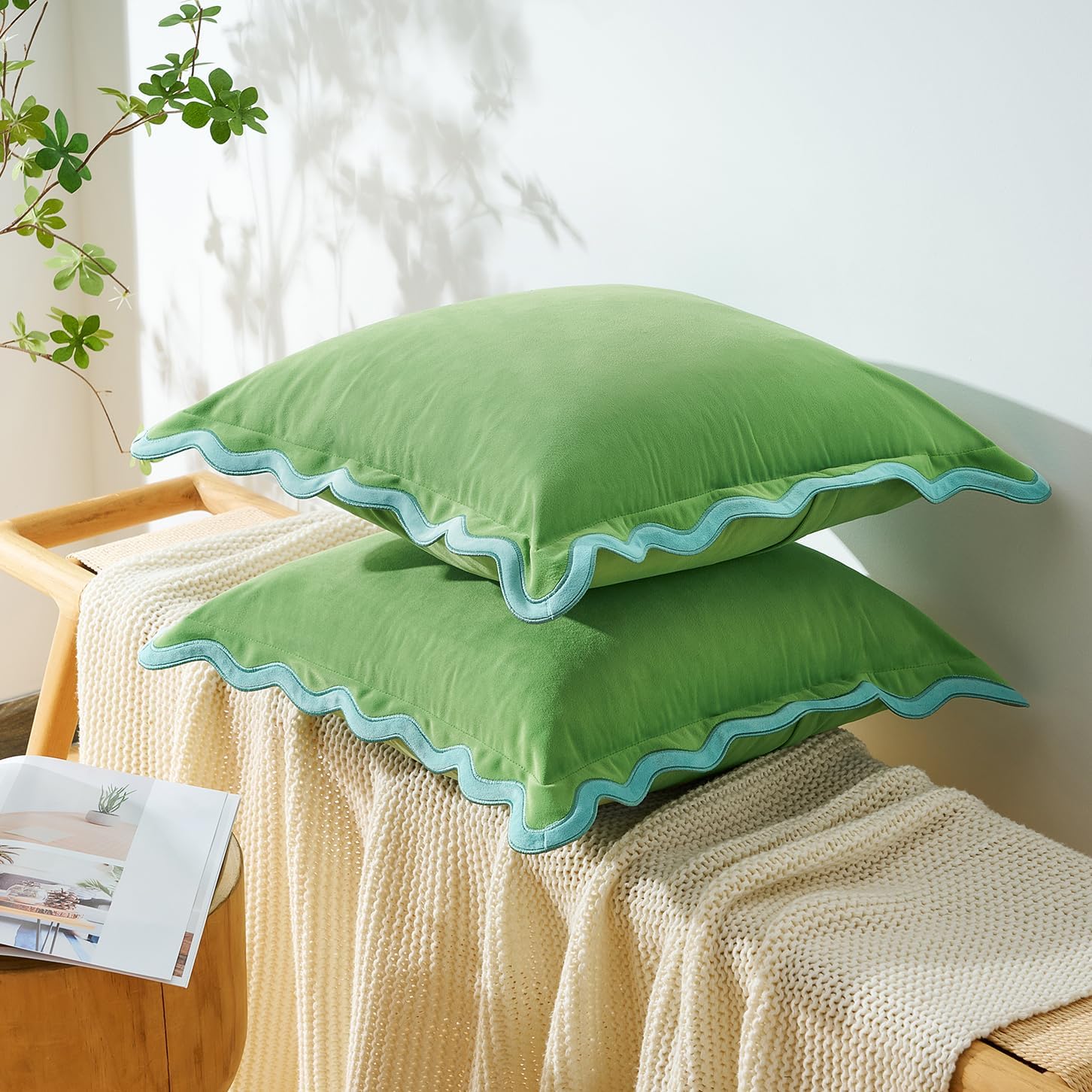 MONDAY MOOSE Decorative Throw Pillow Covers Cushion Cases, Set of 2 Soft Velvet Scalloped Wavy Edge Designs, Pillow Inserts Not Included (20x20 inch, Light Green/Light Blue)