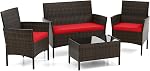 DORTALA Wicker Patio Furniture Set 4 Piece, Outdoor Table and Chairs with Tempered Glass Coffee Table, Loveseat, Cushions, Rattan Conversation Set for Balcony, Porch, Backyard, Deck, Gray