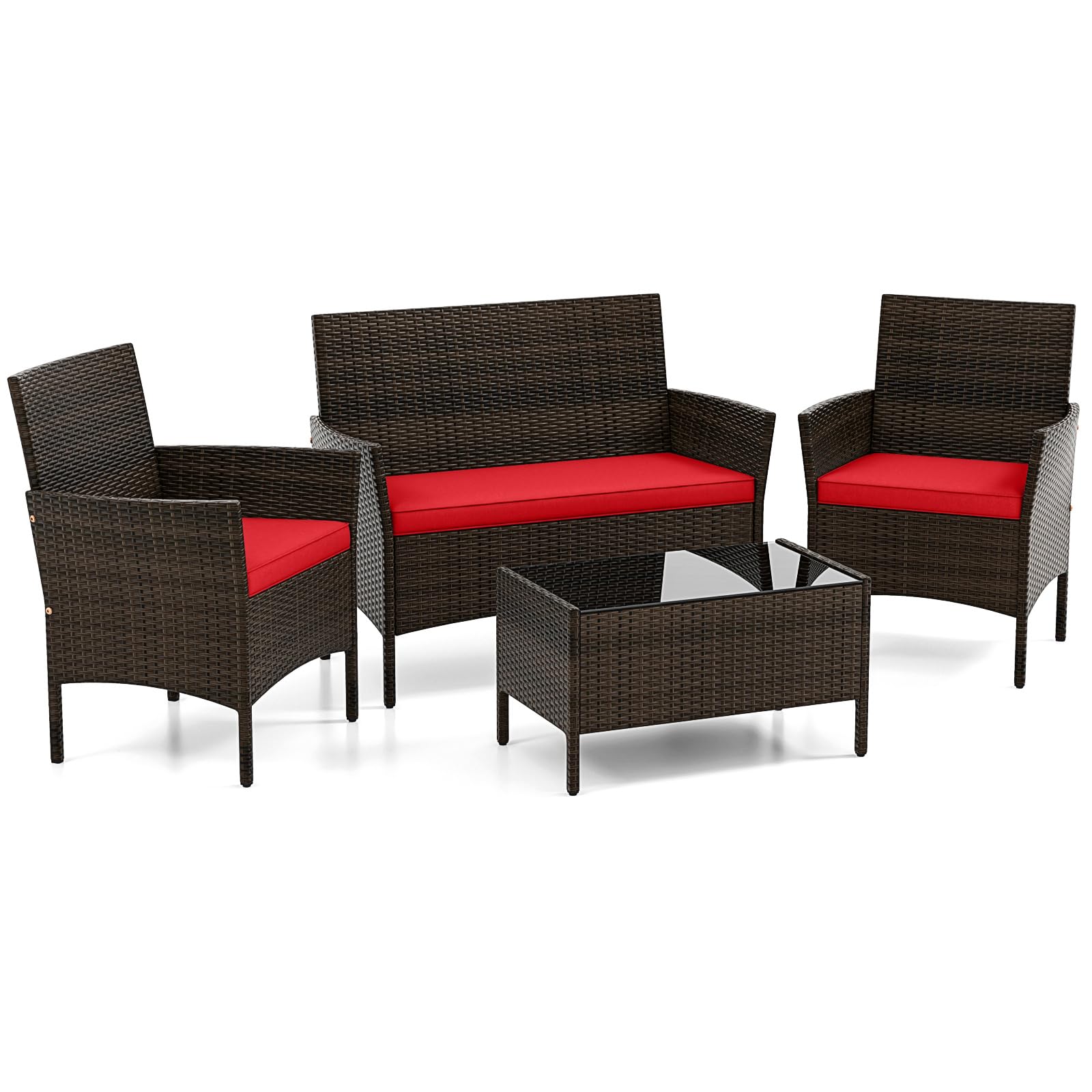 DORTALA Wicker Patio Furniture Set 4 Piece, Outdoor PE Rattan Table & Chairs Set with Tempered Glass Coffee Table, Loveseat, Cushions, Conversation