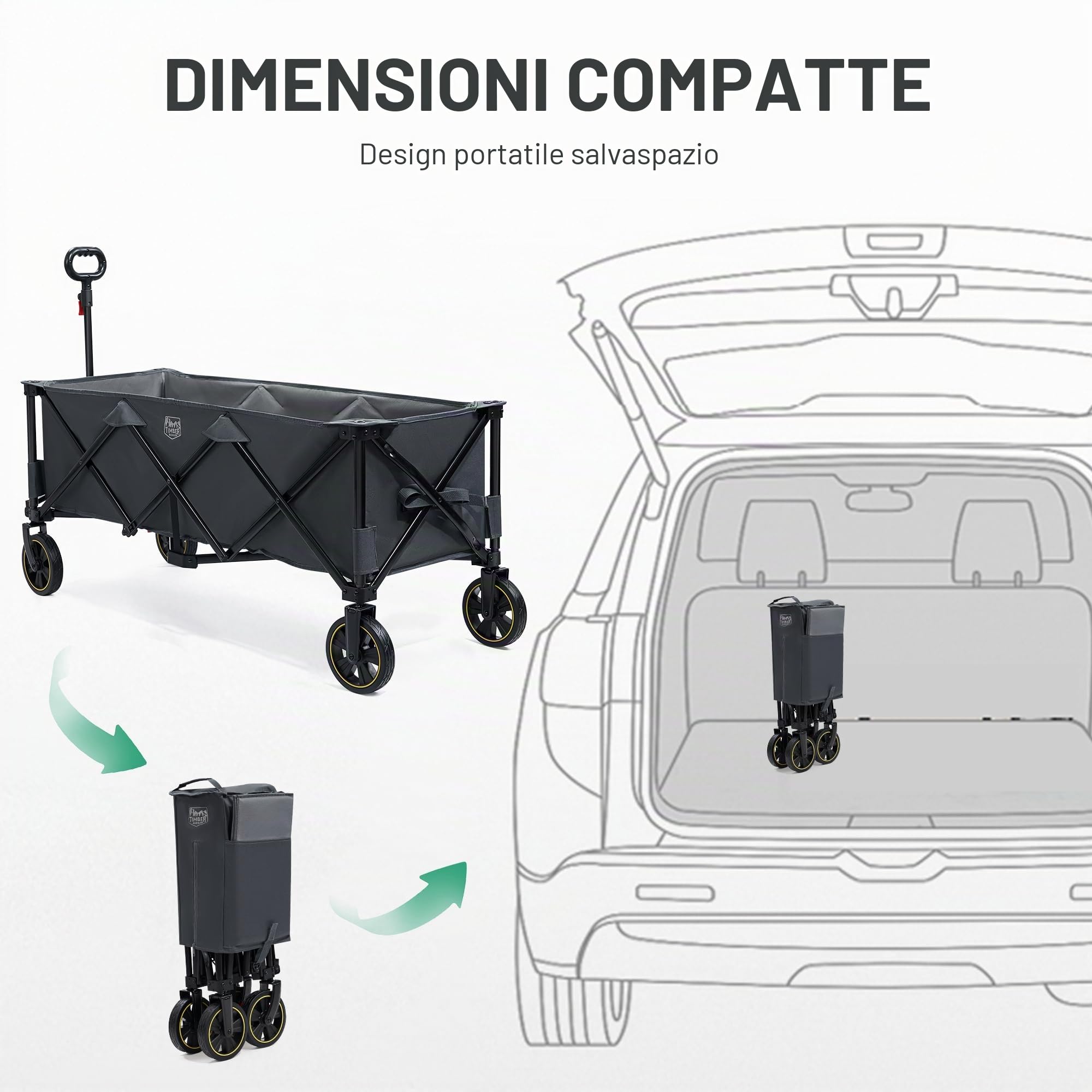 TIMBER RIDGE XXXL Carrello pieghevole 300L 160KG con Freno Reti Anti-Caduta Carrello di Trasporto Tasca Laterale Porta Bevande Maniglia Regolabile Carrello per giardino da spiaggia da campeggio