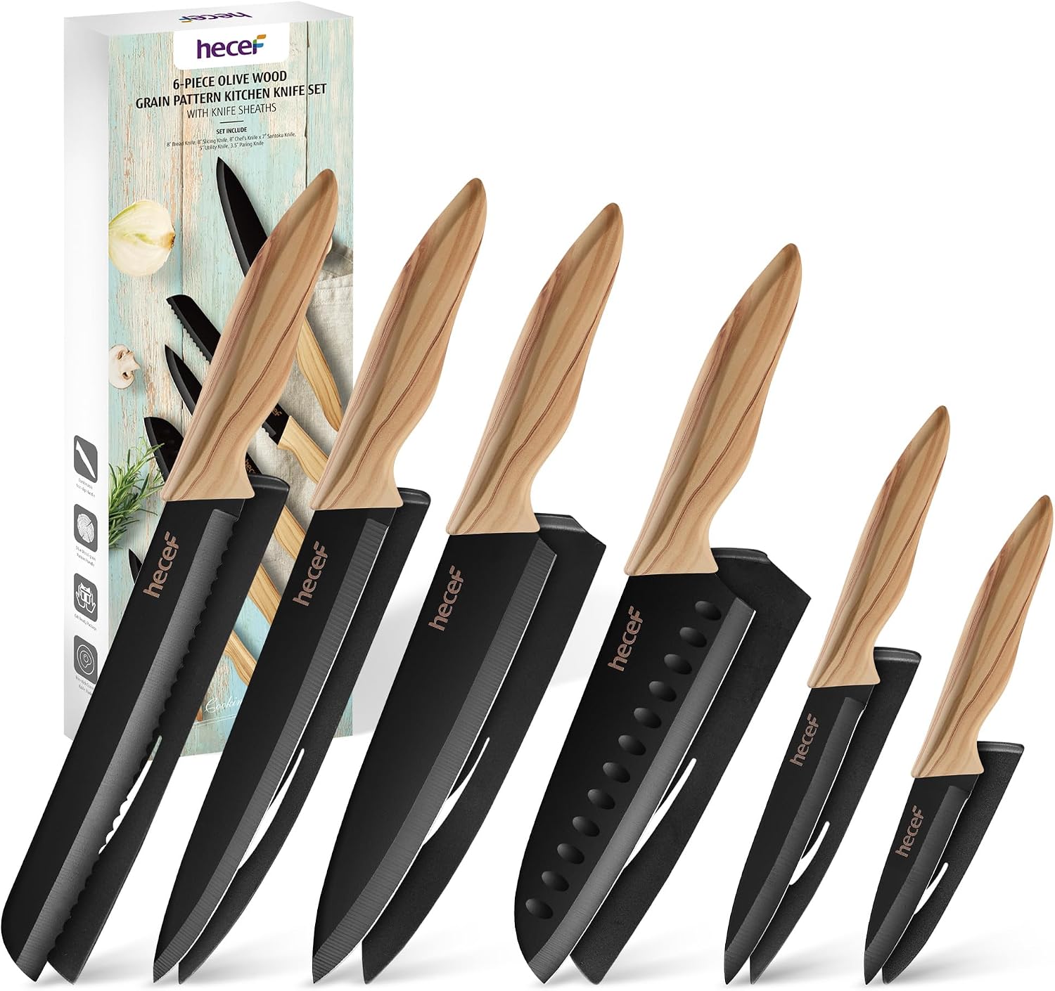 hecef 6-Piece Kitchen Knife Set with Sheaths Extra Sharp Stainless Steel Blades Olive Wood Look Handles Rustproof Chef's Knife Set for Home and Professional Ideal Gift Idea
