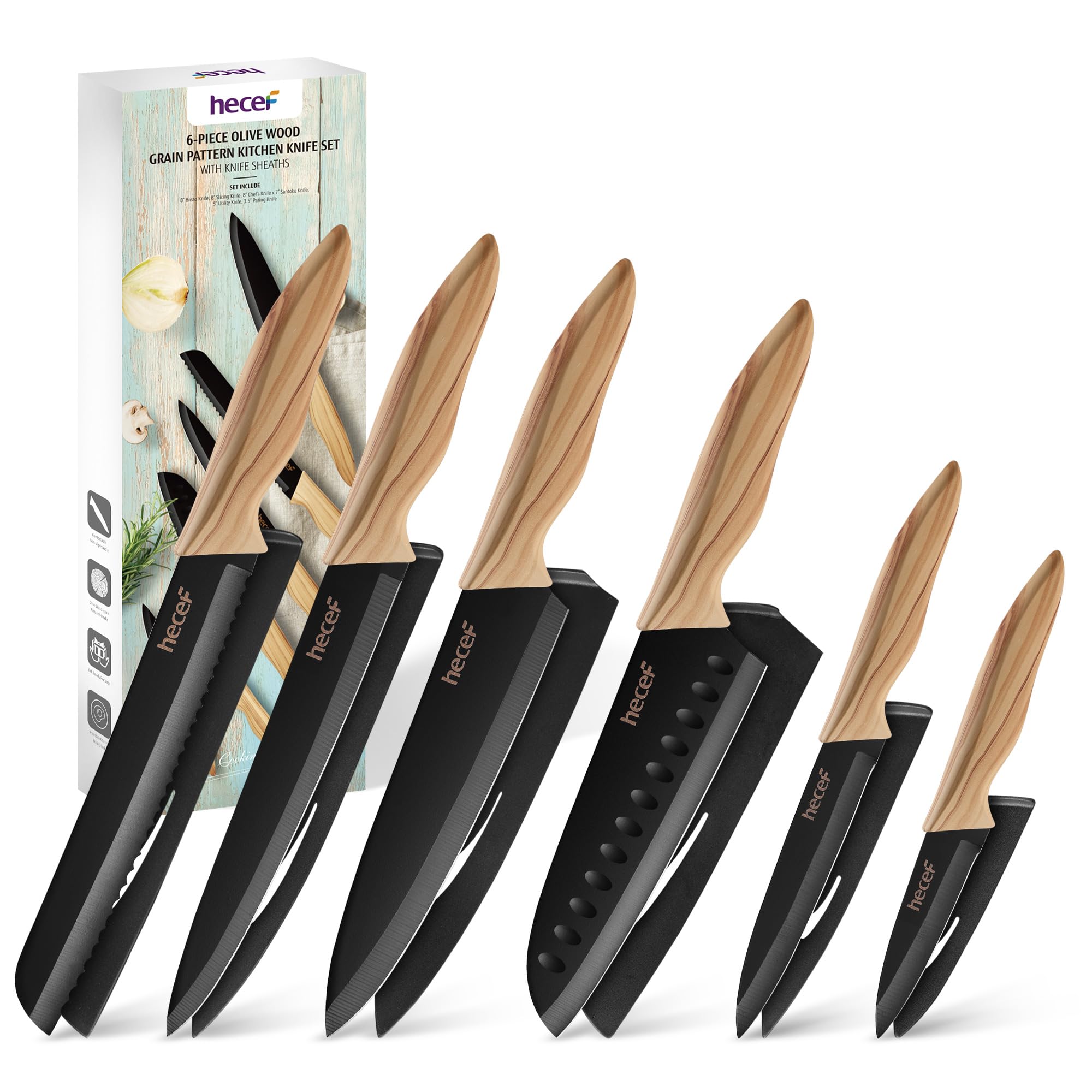 hecef Set Coltelli Cucina 6 Pezzi con Fodero, Acciaio Inox Ultra Affilati, Manico Effetto Legno D’Olivo, Set Coltelli Chef Professionali per Casa & Professionale, Antiruggine