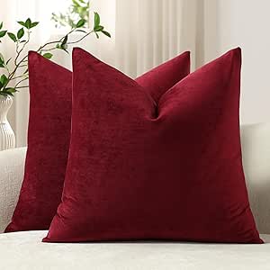 DEZENE Throw Pillow Covers 18x18 Wine Red: Pack of 2 Cozy Soft Velvet Square Modern Luxury Decorative Throw Pillow Cases for Christmas Sofa Couch Living Room Bed Home Decor