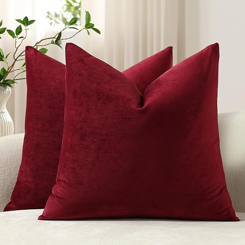 DEZENE Euro Sham Covers 26x26 Wine Red: Pack of 2 Cozy Soft Velvet Square Modern Luxury Decorative Throw Pillow Cases for Christmas Sofa Couch Living Room Bed Home Decor