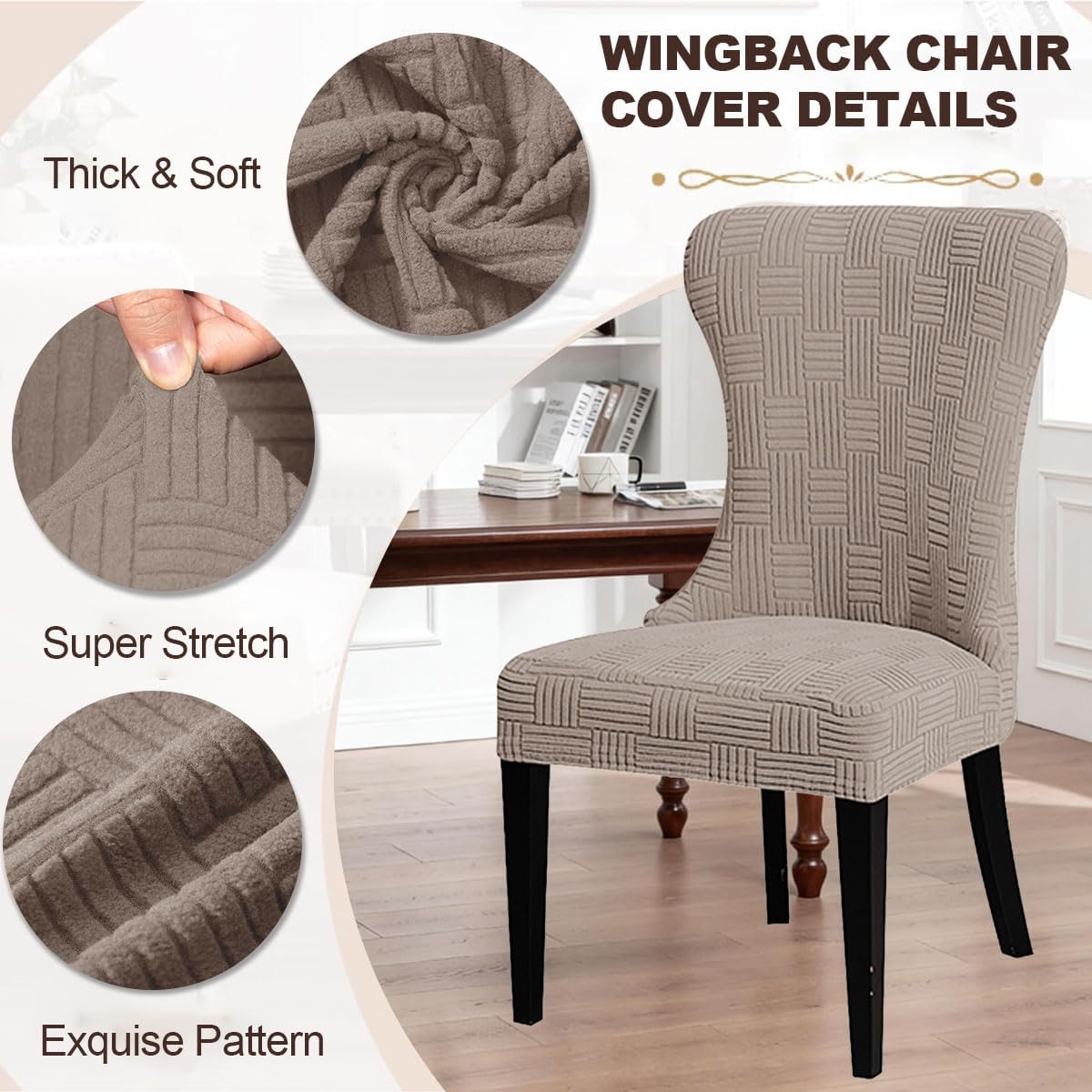 Wingback Dining Chair Covers Set of 6 Stretch Jacquard Wing Back Side Chair Slipcover High Wingback Kitchen Accent Chairs Cover Protector for Dining Room Banquet Living Room Khaki