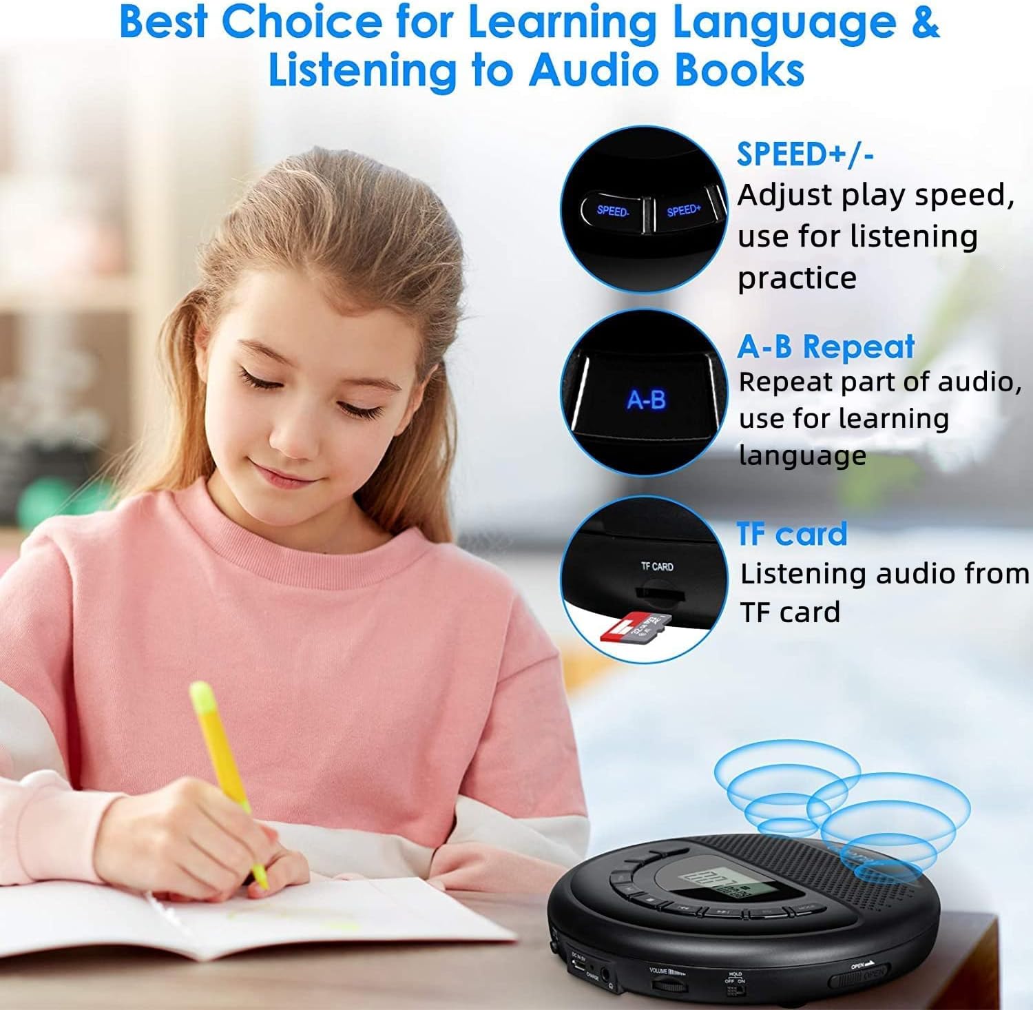 CD Player Portable with Dual Stereo Speakers, Rechargeable CD Player for Car, LED Display 10 Hours Playing Time Backlight Design Anti-Skip Protection Walkman,Personal CD Player with Headphones-Black