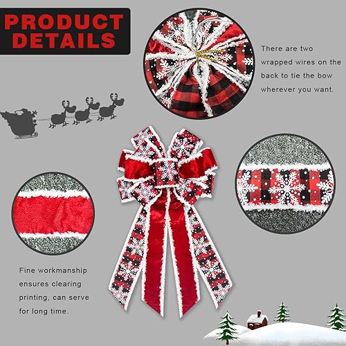Vista 3 de Large Christmas Bow for Wreath, Red Black Buffalo Plaid Christmas Wreath Bows for Front Door, Red Velvet Decorative Wreaths Bow Snowflake Wreaths