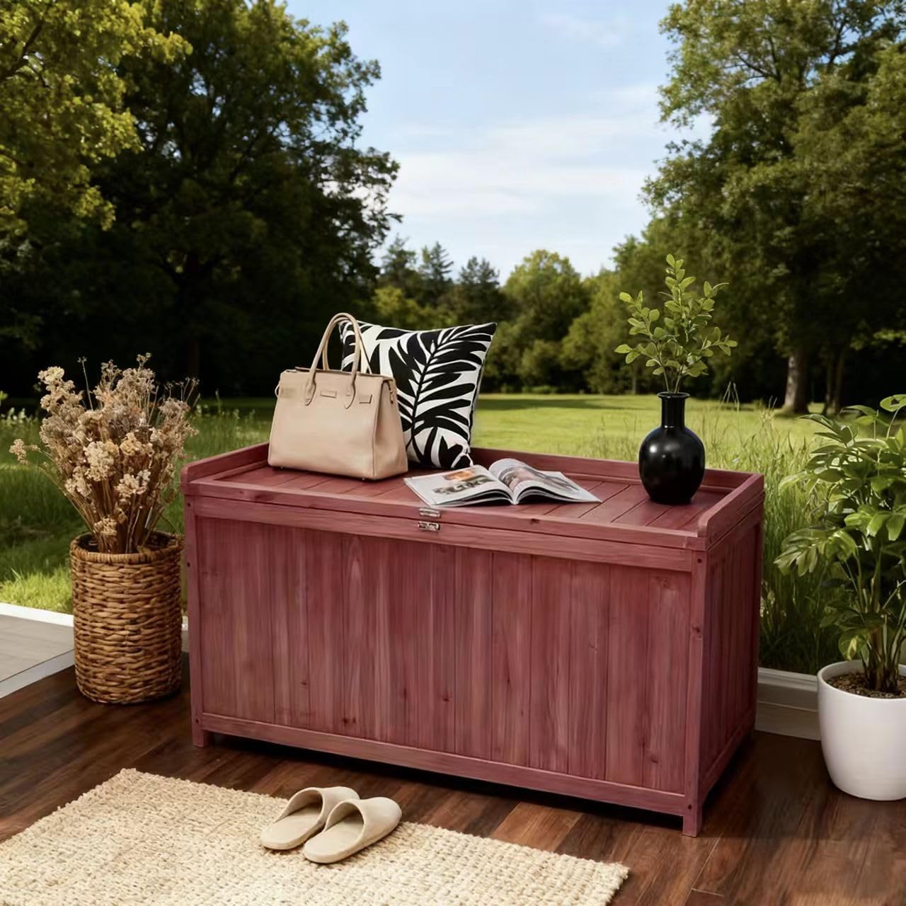 75-Gallon Outdoor Solid Wood Deck Box 44.5-Inch Outdoor Storage Bench Deck Box with Sealed Hinged Lid Ideal for Storing Yard Tools, Gardening Equipment, Pool Supplies, and Camping Gear