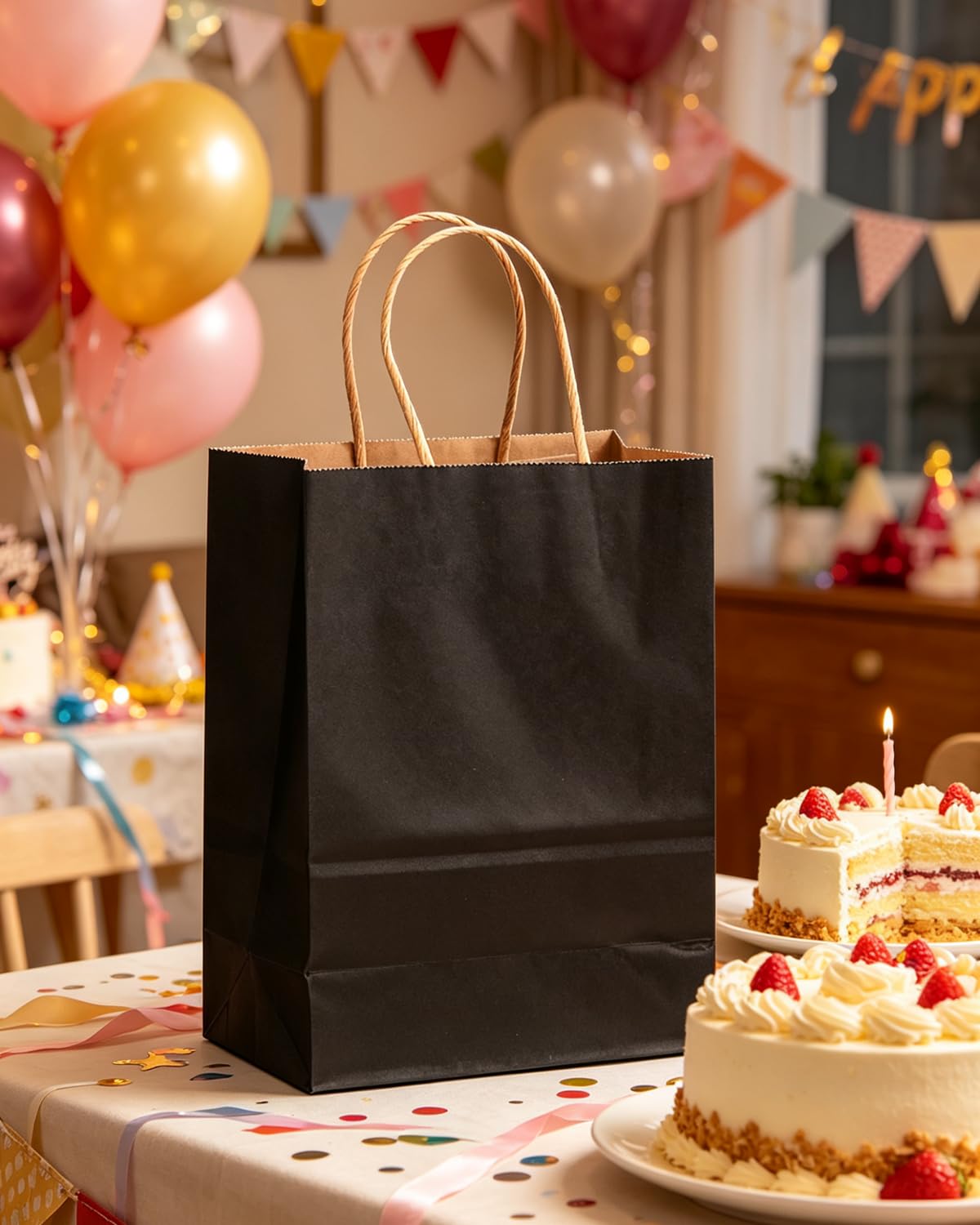 qiqee Paquete de 100 bolsas de regalo de papel negro con asas a granel de 7.6 x 4.06 x 10.5 pulgadas, bolsas de regalo de tamaño mediano, múltiples usos