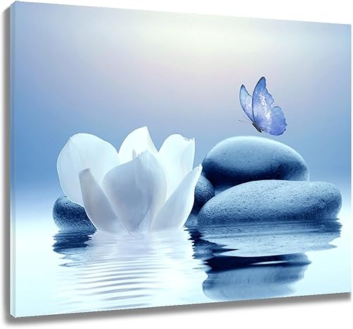 Miniatura 1 de EOBTAIN Lienzo de flores blancas zen, arte de pared, diseño floral y mariposa azul sobre piedra, cuadro moderno enmarcado para yoga, spa, pintura