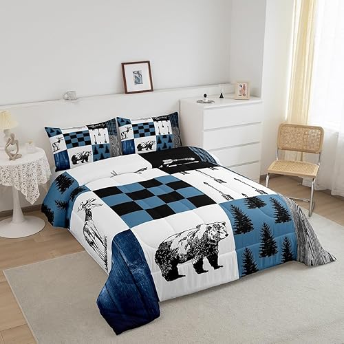 Miniatura 2 de Rustic Cabin Lodge - Juego de edredón de retazos tamaño individual, juego de ropa de cama de oso de caza, ciervo, azul, negro, gris, búfalo, edredón