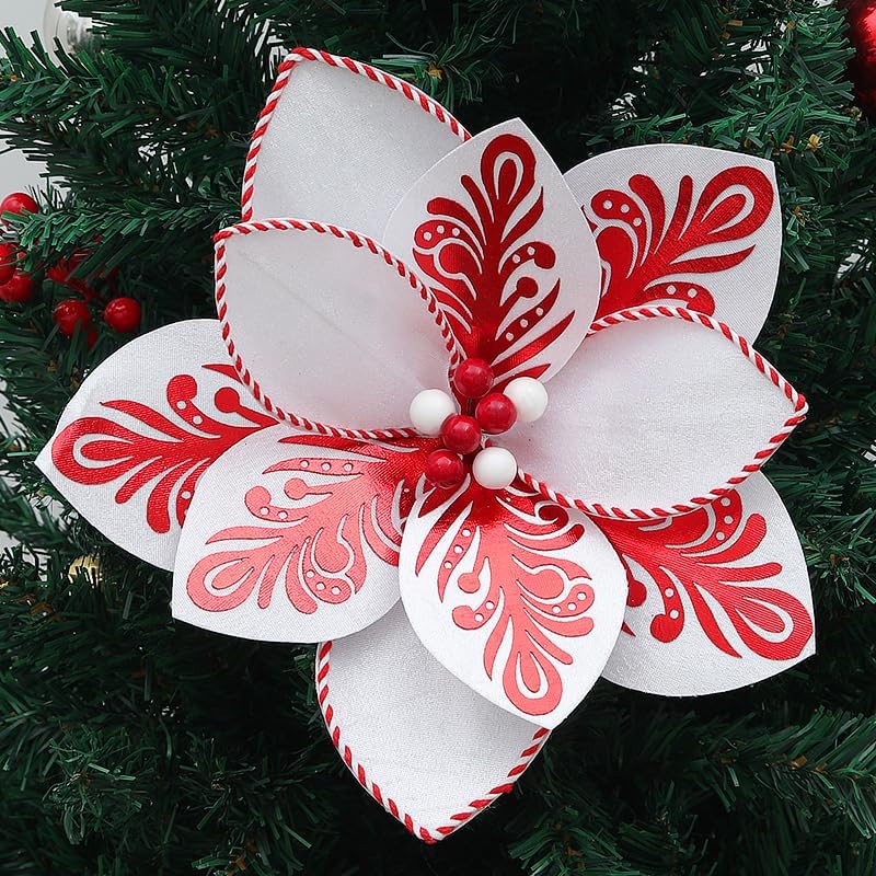 4 Pcs Large Christmas Flower Ornaments Tree Decorations,Christmas Poinsettia Artificial Christmas Flowers with Stems for Xmas Tree Wreath Garland Wedding Party Decor (White)