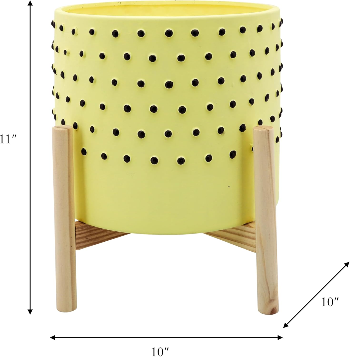 Ceramic Planter with Wooden Stand – Indoor or Outdoor Plant Stand for Living Room or Patio – Dotted Contemporary Design for Home Decor – Planter for Stylish Spaces – 10", Yellow & Black