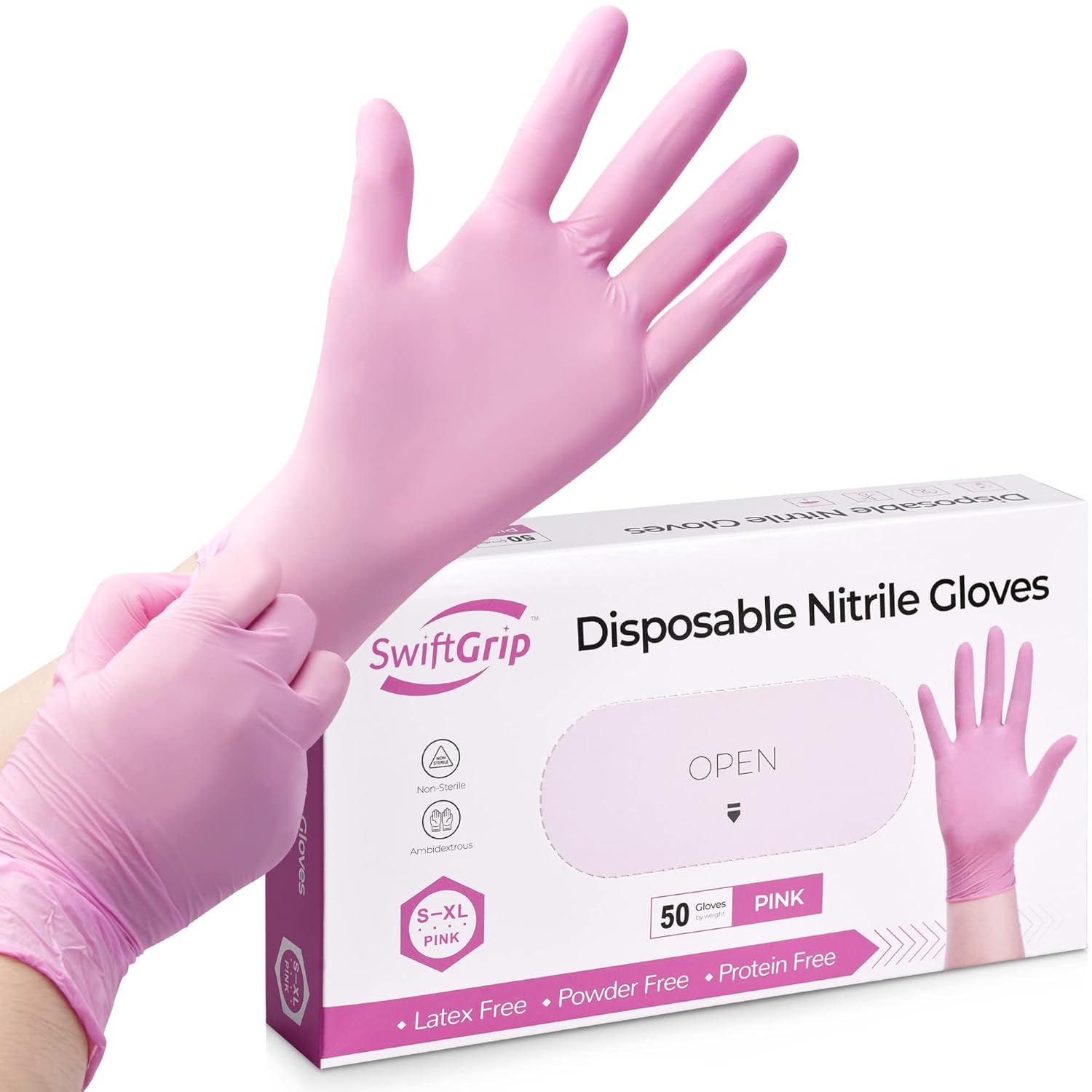 SwiftGrip Pink Nitrile Gloves, 3mil, Pink Industrial Gloves Disposable