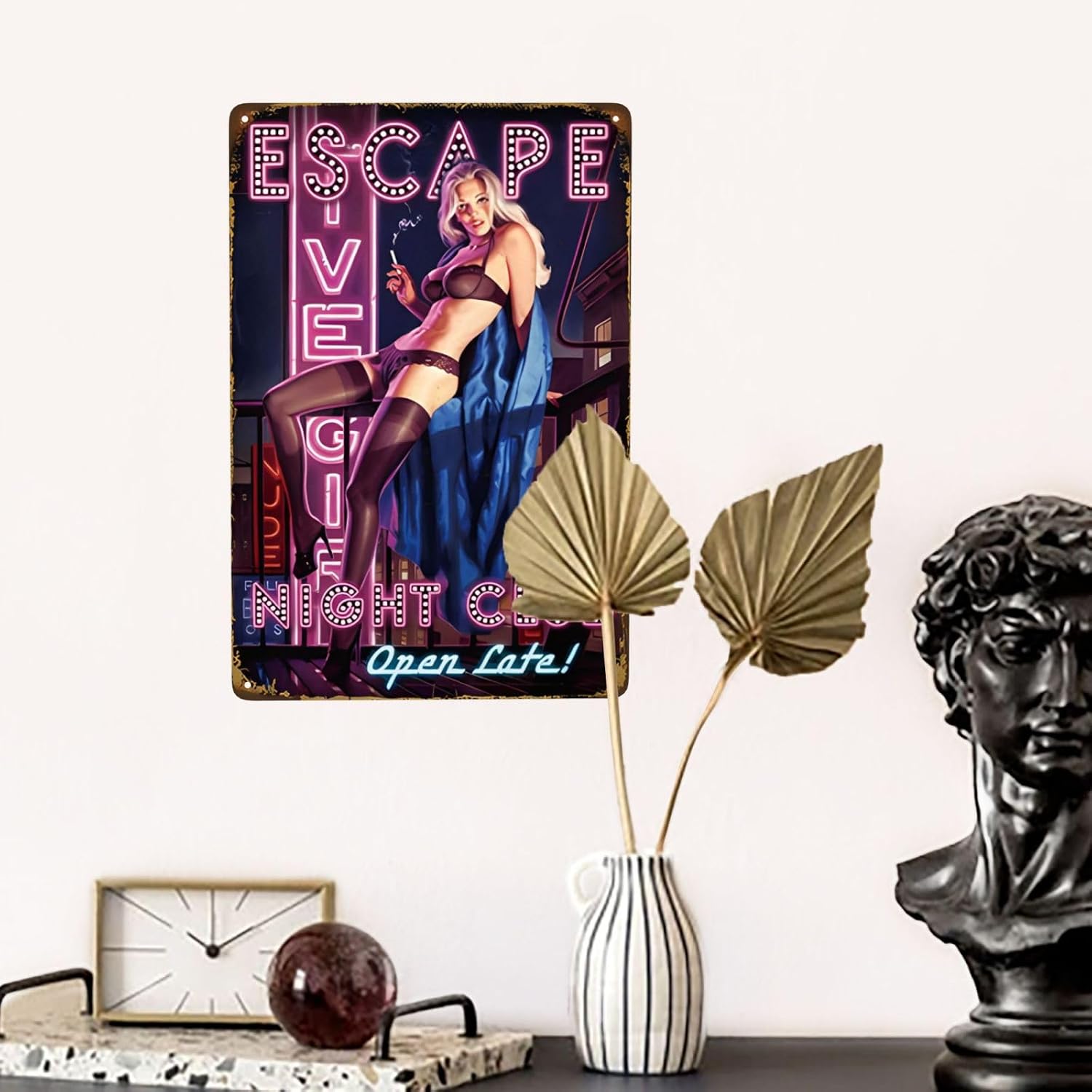 Escape Night Club Pin Up Girl Vintage Metal Sign, Retro Tin Signs Sexy Girl Poster for Man Cave Bar Garage Pubs Hotel Wall Art Decor 8 x 12 Inch