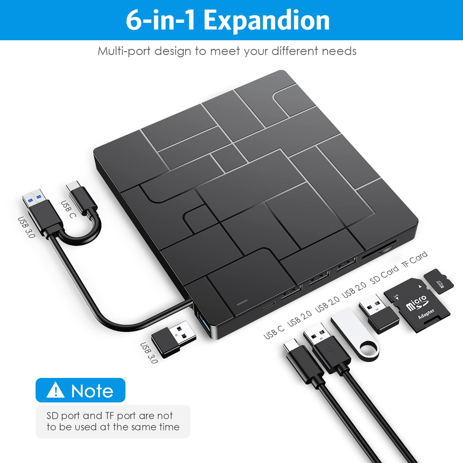 AMIR External DVD Drive, USB 3.0 CD DVD Burner for Laptop with 4 USB Ports & 2 SD Card Slots & 1 Type-C Ports, CD/DVD ROM +/-RW Optical Disk Drive for Mac, PC Windows 11/10/8/7 Linux OS