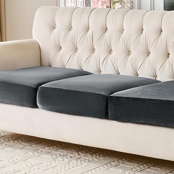 KKJIAF Grey Velvet Stretch Couch Cushion Covers Sofa Seat Covers, Separate Sectional Sofa Slipcovers Velvet Furniture Protector with Non Slip Elastic Bottom, 3 Cushion Sofa