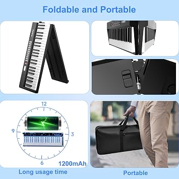 Electronic Piano keyboard,Foldable Full Size 88 Key Digital Pianos with Power Adapter,Pedal,Sheet Music Stand,Sticker,Bag,for Beginners,Black