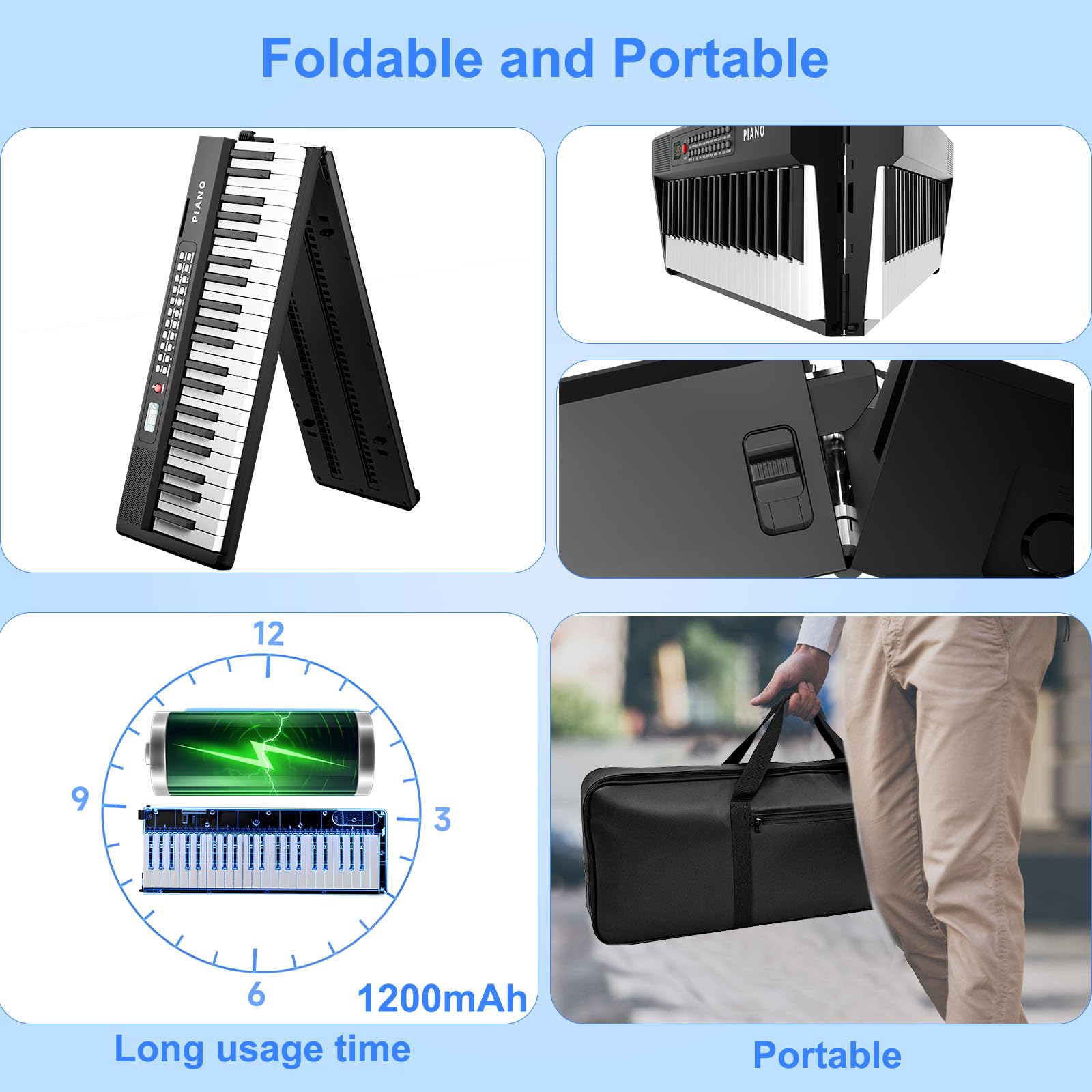 Clavier de piano électronique, pliable, taille complète, 88 touches, avec adaptateur d'alimentation, pédale, support de partition, autocollant, sac, pour débutants, noir