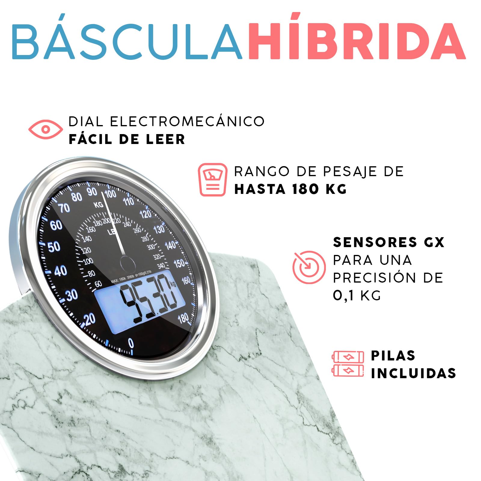 Hybrid Báscula de Baño - Analógica & Digital, Precisa hasta 180 kg | Vea su peso en el cuadrante analógico y LCD a la vez. Plataforma ancha, 3 pilas AAA incluidas, lista para usar.