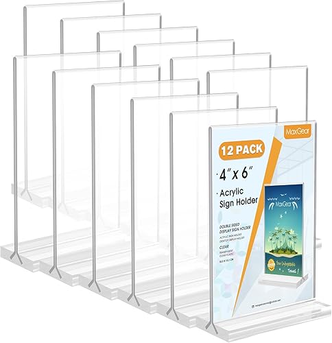 MaxGear Soporte acrílico de 4 x 6 pulgadas, 12 unidades, soporte de exhibición de doble cara, marco de fotos de soporte de papel transparente,