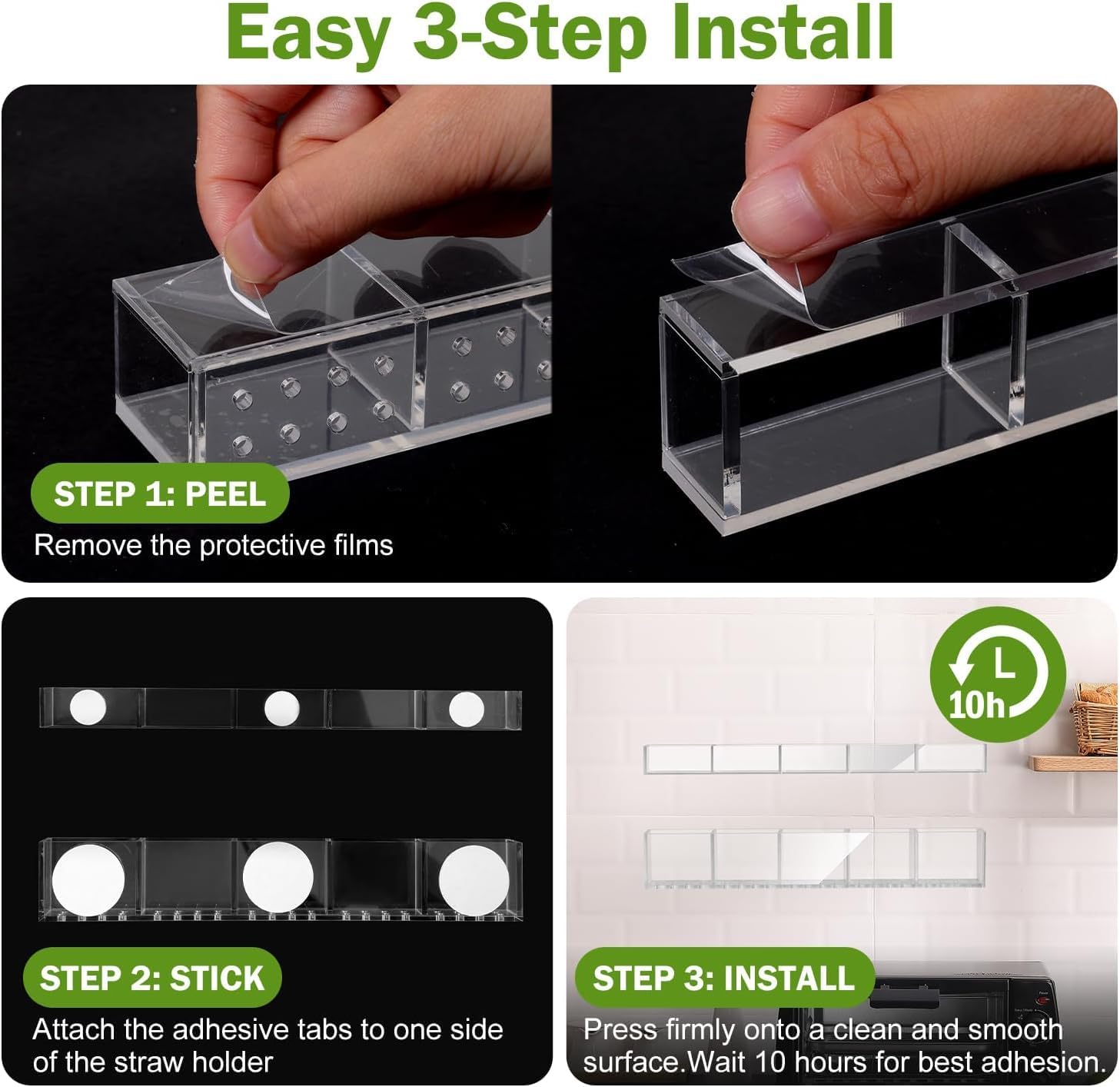 9.5” Large Acrylic Straw Holder for Cabinet Door, Reusable Tumbler Straw Organizer Storage, Small Kitchen Accessories Container, Ultra Sticky Cupboard Door Mounted - Image 2