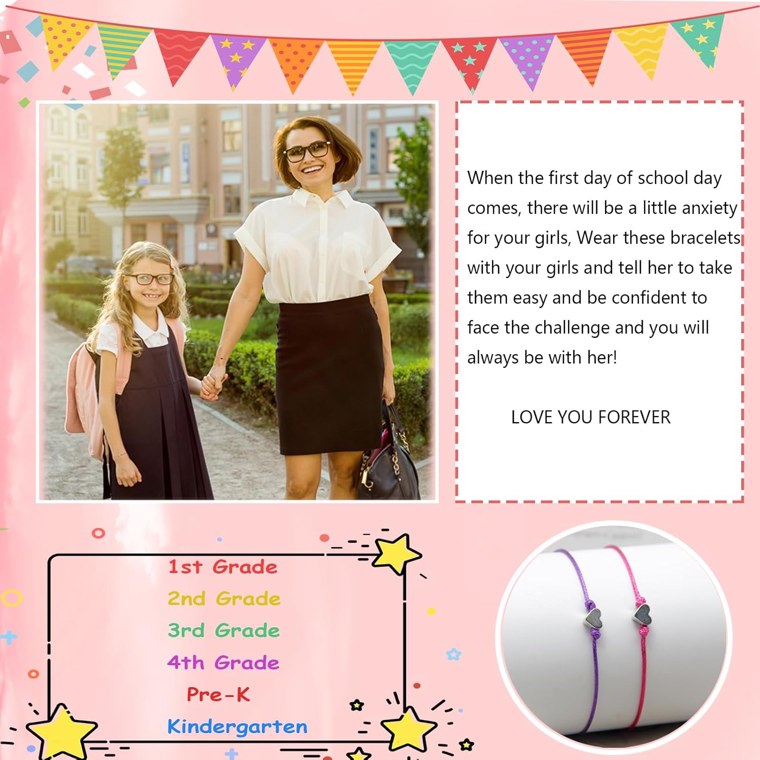 Miniatura 2 de ZZ ZINFANDEL Back to School Bracelet Mommy and Me Bracelet First Day of School Bracelet Set for 2 First Day of School Matching Heart Wish Bracelet