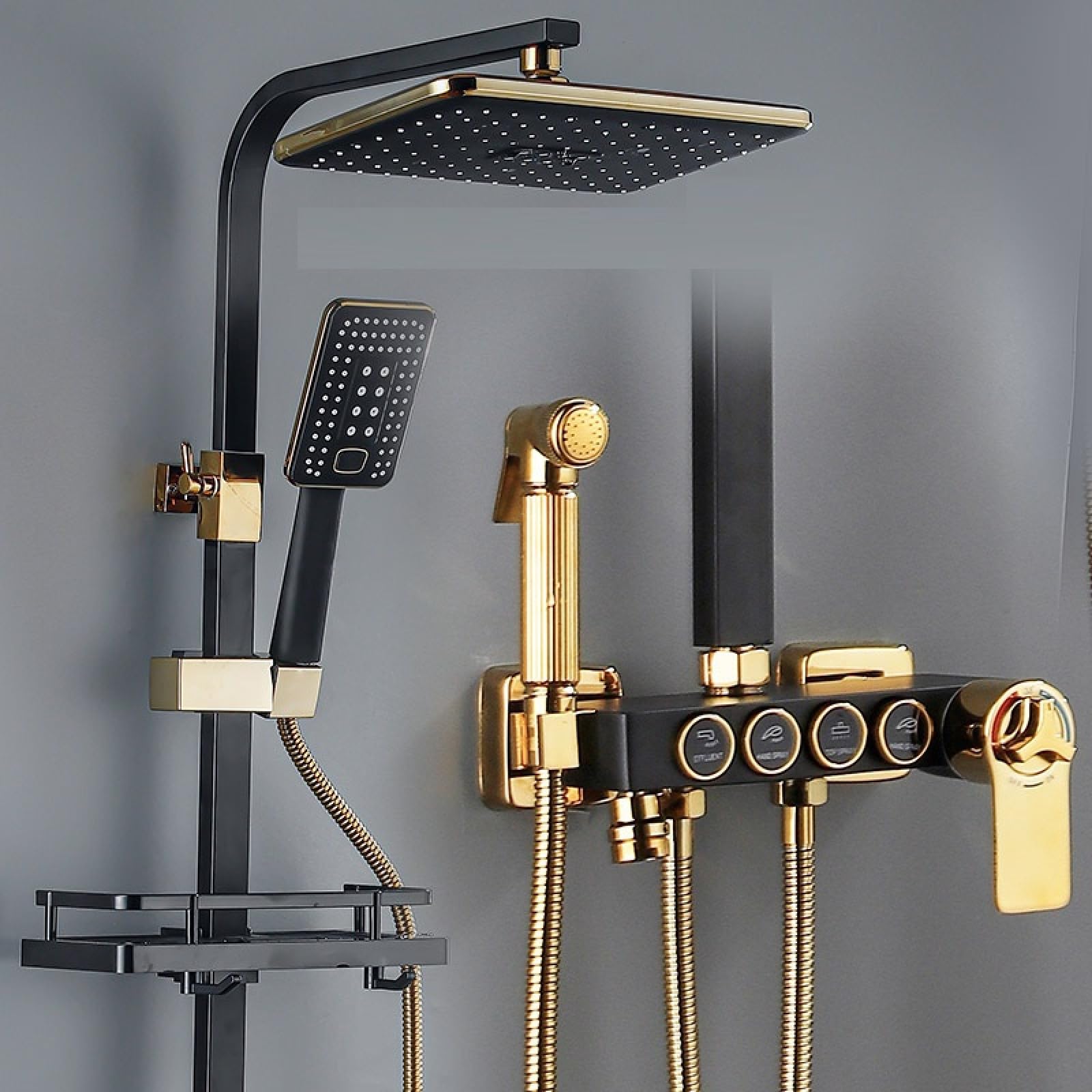 ASerZenith Family Hotel European Brass Body Faucet Bathroom Bathroom Button Shower Four-Position Black and Gold Shower Set(4LevelsofConstantTempBlackGold)