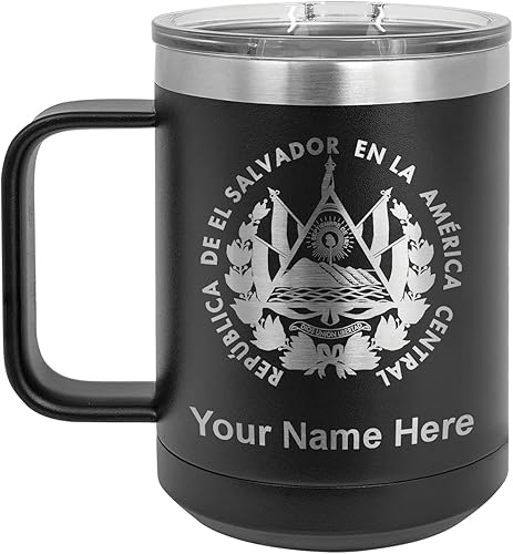 LaserGram Taza de café aislada al vacío de 15 onzas, bandera de El Salvador, grabado personalizado incluido (negro)