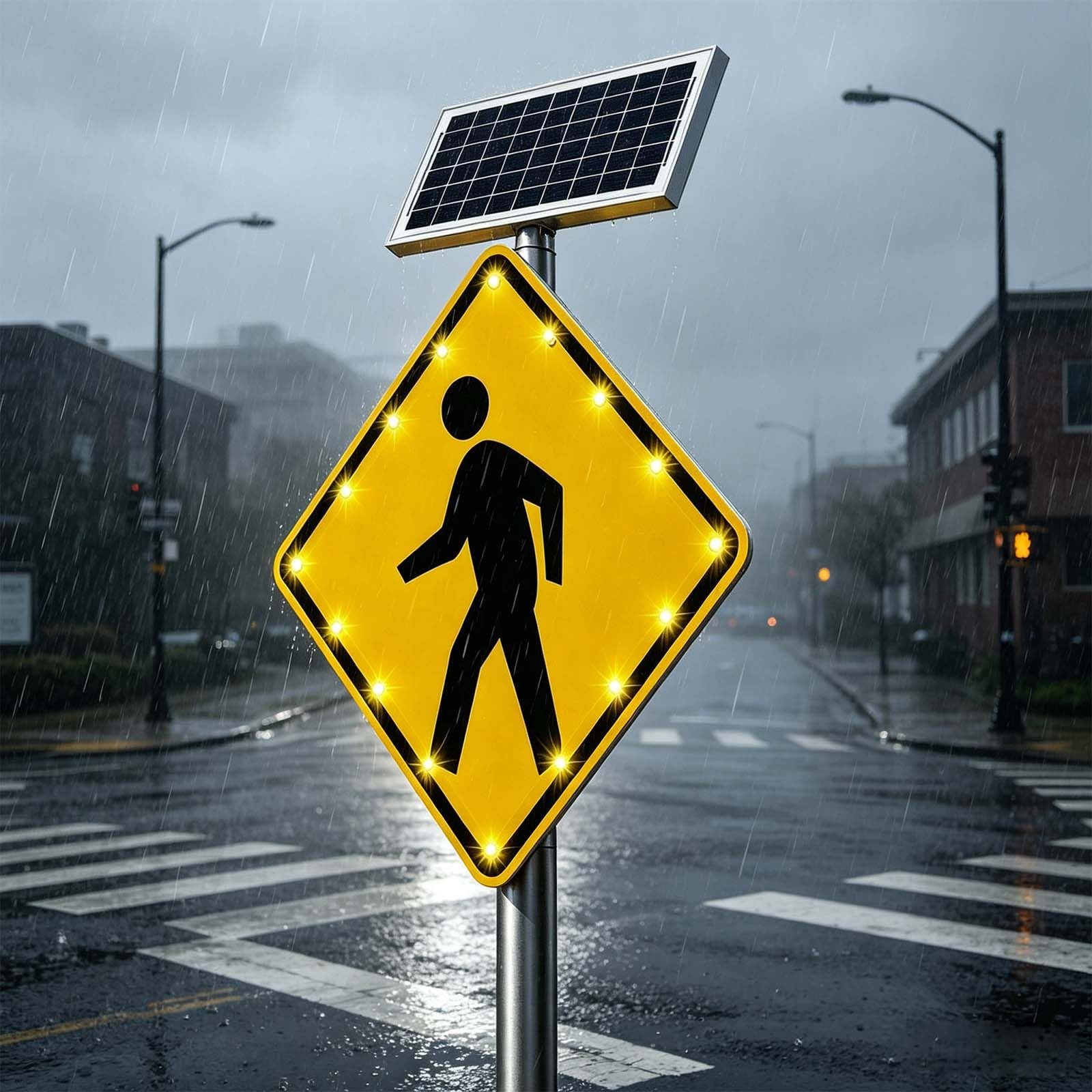QFGain Pedestrian Solar Flashing Crossing Sign, 7 Modes LED Warning Strobe Light for School Zone, -20°C to 60°C Weatherproof, Mounting Bracket 24in