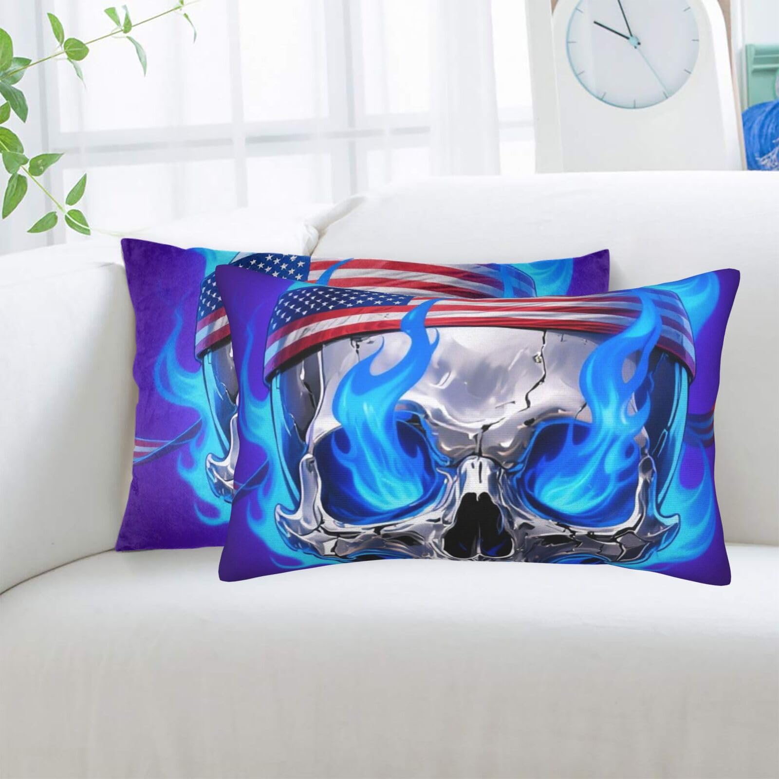 2 Pack Standard Pillowcases Sets, Ultra Soft Comfort Microfiber Plush Pillow Cases Fire USA Flag Skull Decorative Throw Pillow Cover with Hidden Zipper for Bedroom, Sofa, Couch,20"X30"