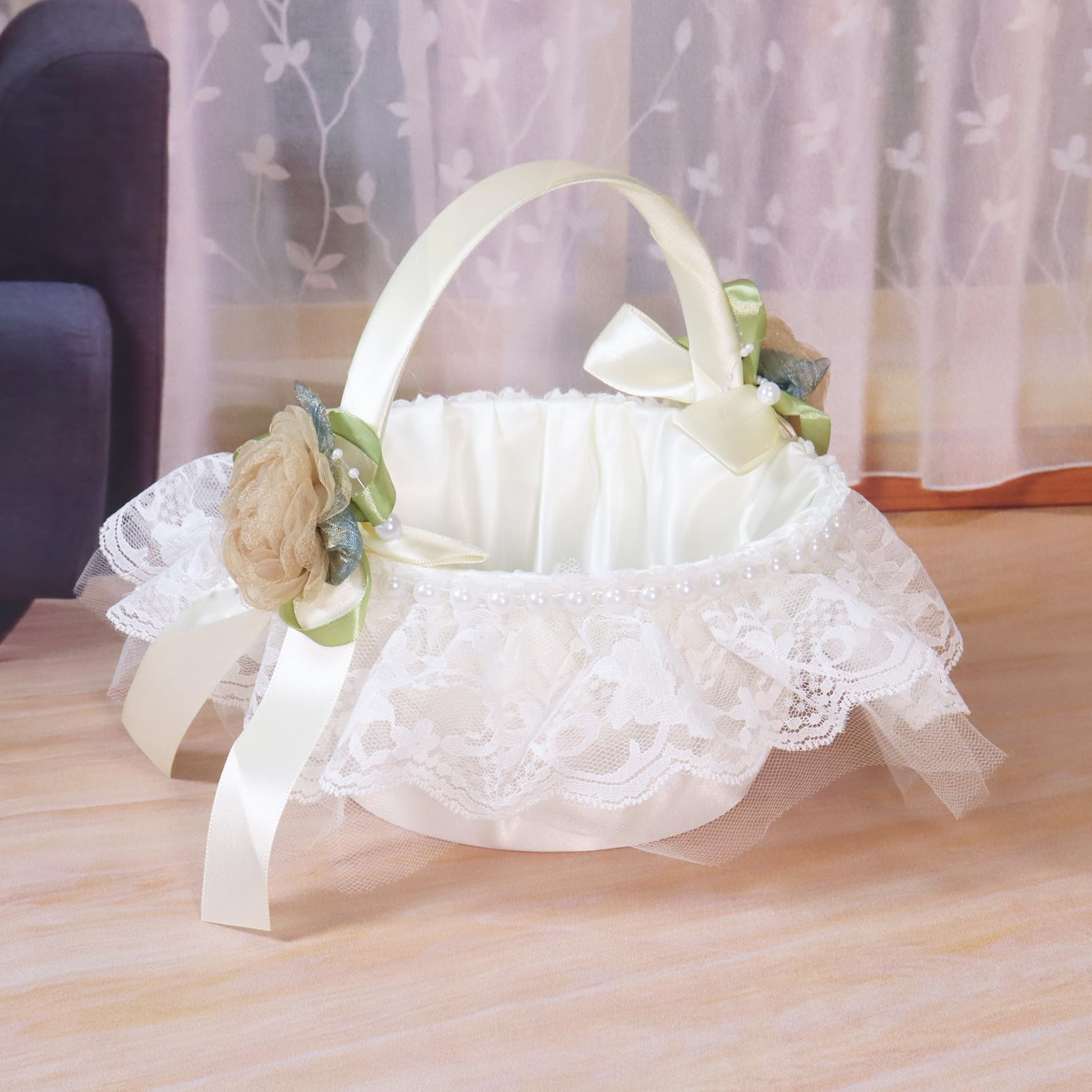 Flower Girl Basket,White Fairy Lace Flower Basket with Rose Flower & Pearl,Flower Basket for Wedding Ceremony Party Supplies