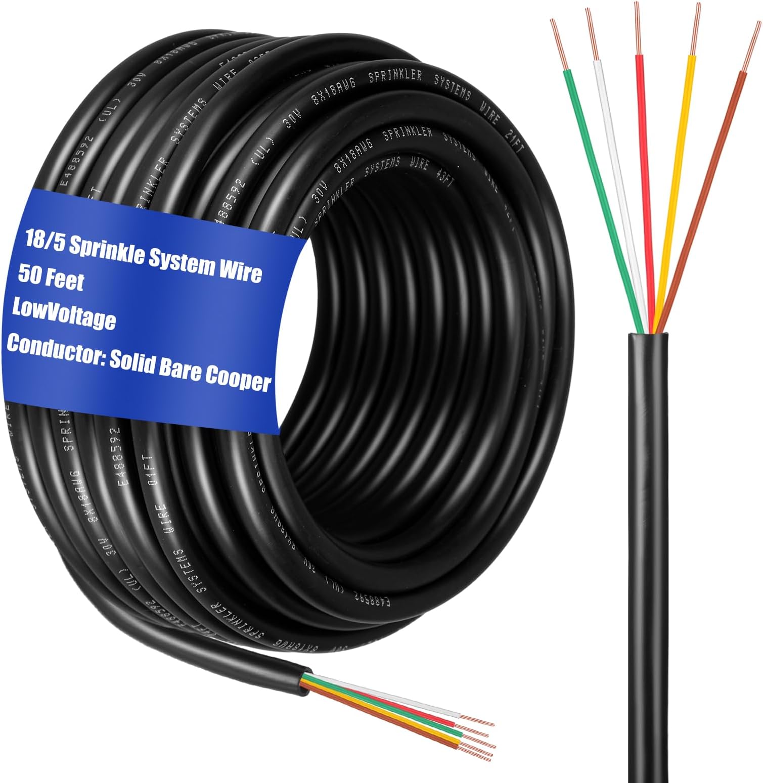 Hoolerry Solid Sprinkler System Wire, 18 Gauge Irrigation Wire with UV Resistant PVC Jacket Sprinkler Cable for Underground Irrigation System, Field Central Control System 30V UL Listed (18/5, 50 Ft)
