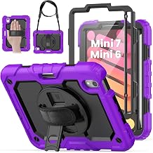 Purple Case for iPad mini 7 A17 Pro 2024/ Mini 6 with Hand Strap | Shockproof Case for iPad mini 7th/6th Generation, Built-in Screen Protector, Pencil Holder, 360 Rotate Stand, Shoulder Strap