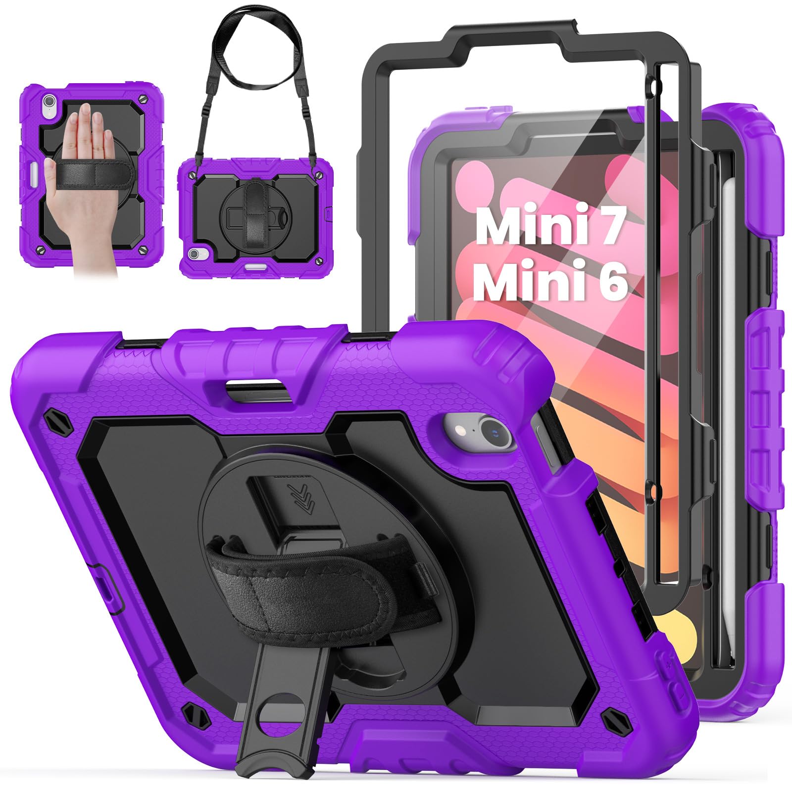 Purple Case for iPad mini 7 (A17 Pro) 2024/ Mini 6 with Hand Strap